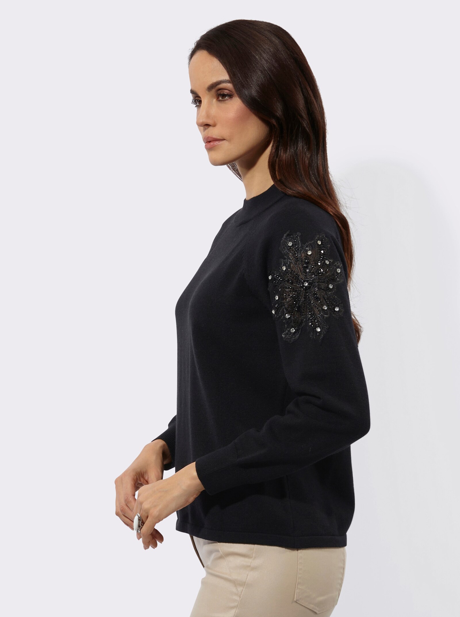 Langarm-Pullover mit besticktem Netzeinsatz - schwarz