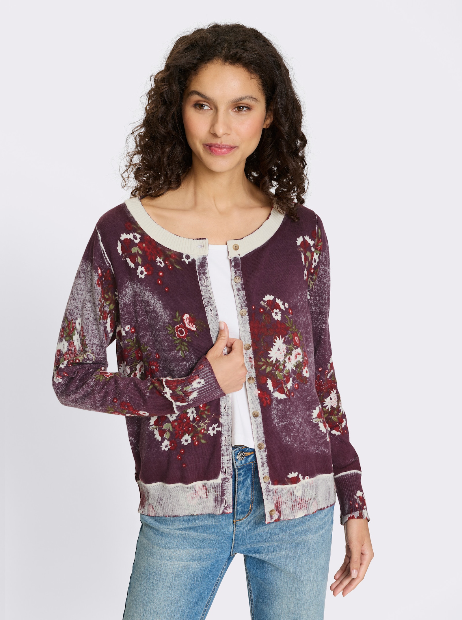 heine Strickjacke mit Blüten-Print - burgund-champagner-bedruckt