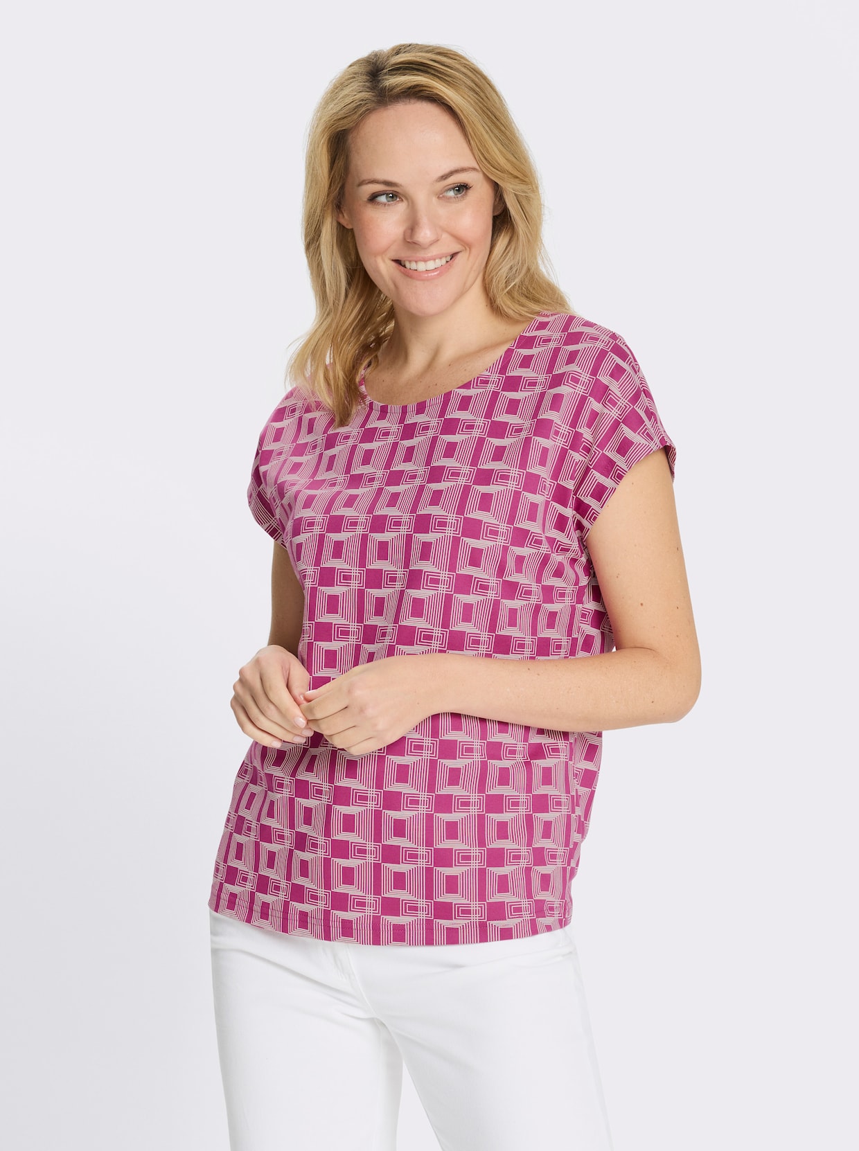 Kurzarmshirt mit grafischem Muster - magenta-ecru-bedruckt