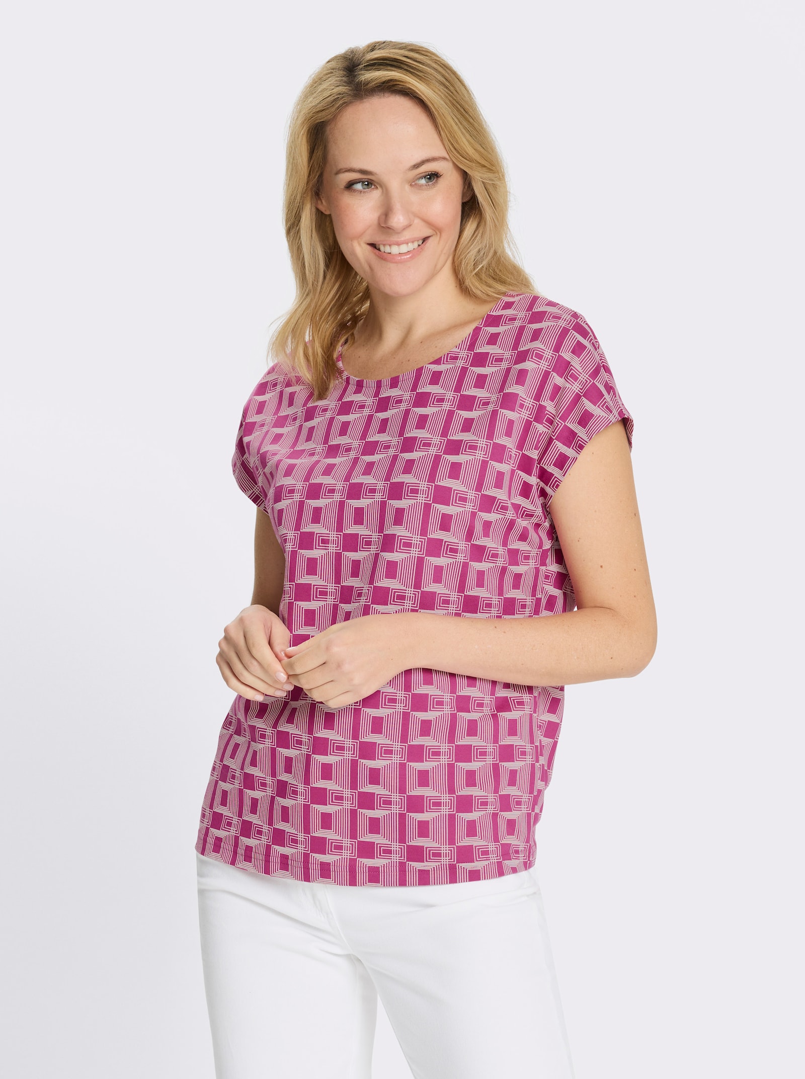 Kurzarmshirt mit grafischem Muster - magenta-ecru-bedruckt