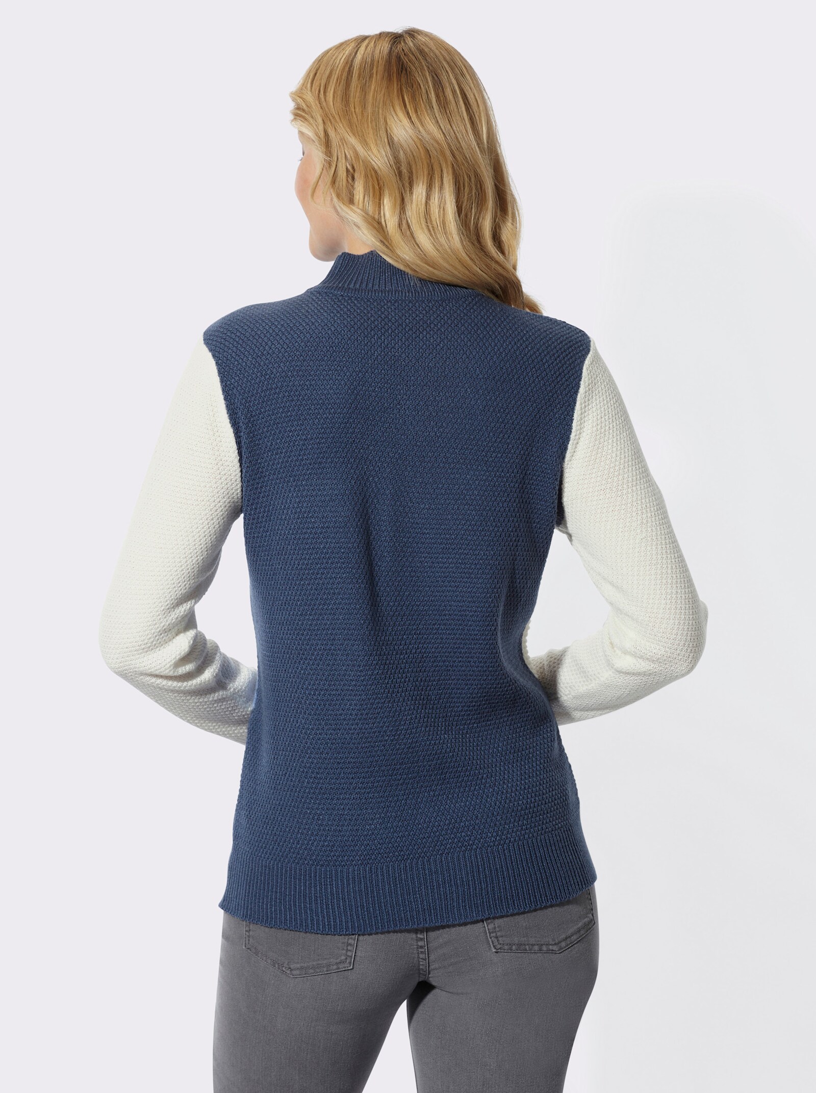 Stehkragenpullover in Patchwork-Optik - rauchblau-ecru-gemustert