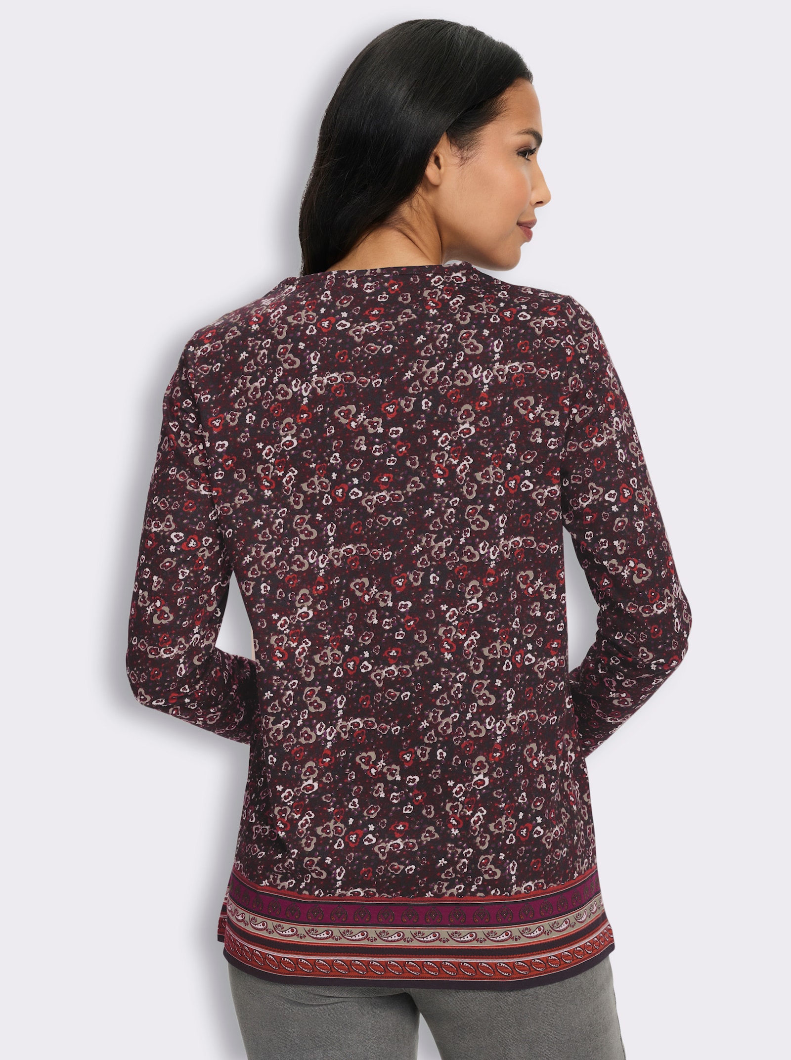 Longshirt mit Bordüren-Druck am Saum - schwarz-burgund-bedruckt