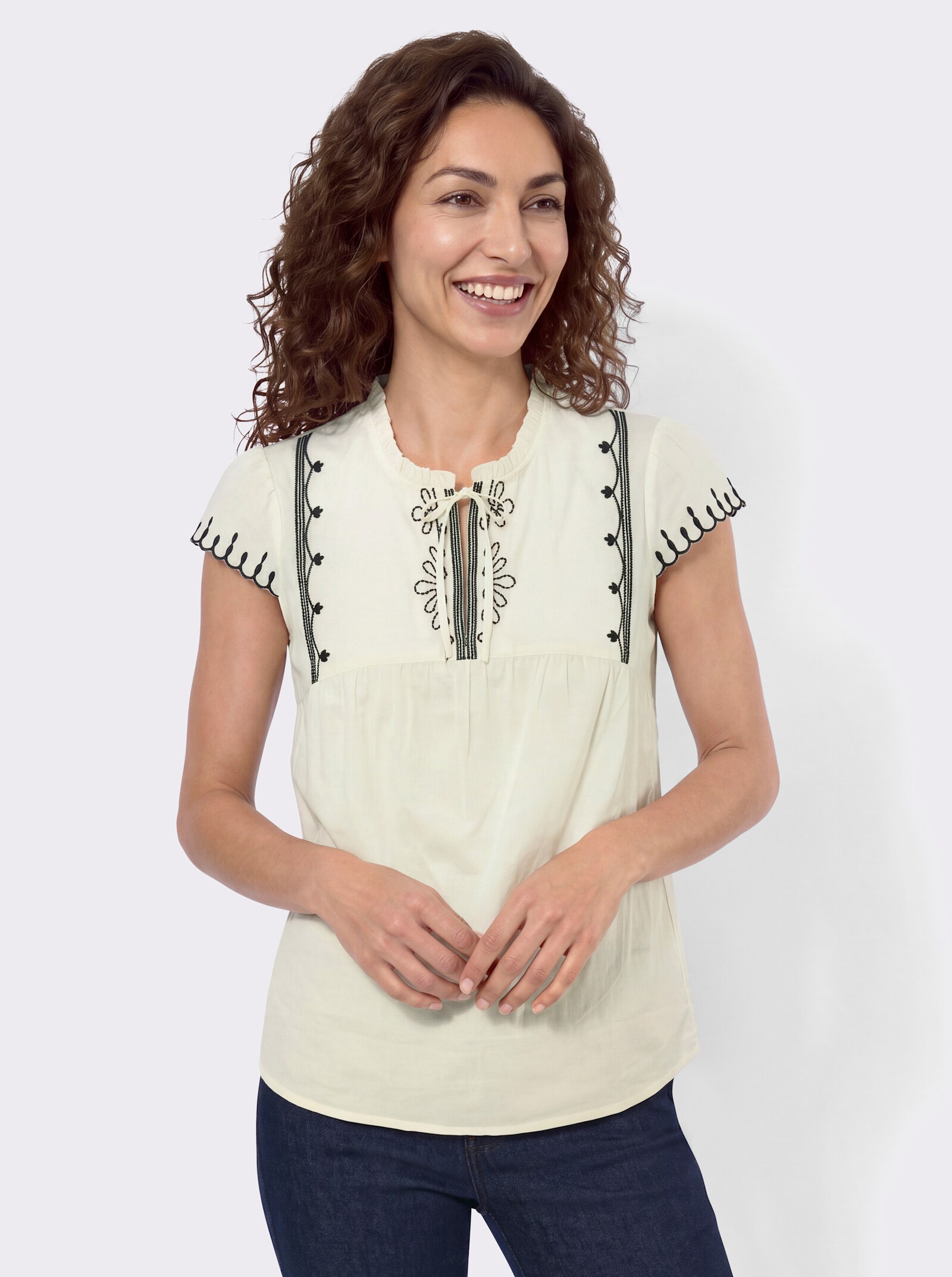 Baumwollbluse mit Stickerei - champagner-schwarz-gemustert
