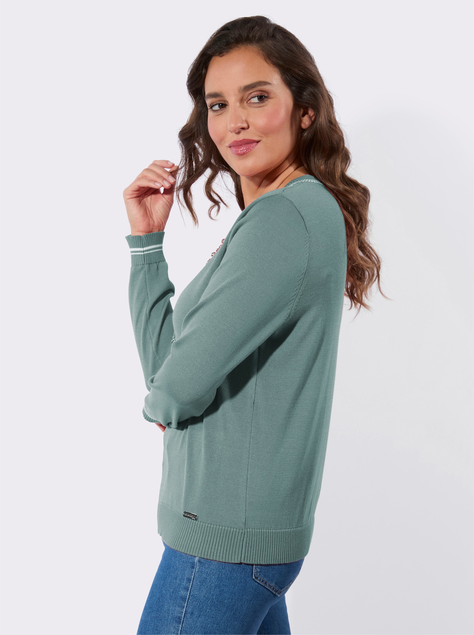 Baumwollpullover mit Kontraststreifen - jade