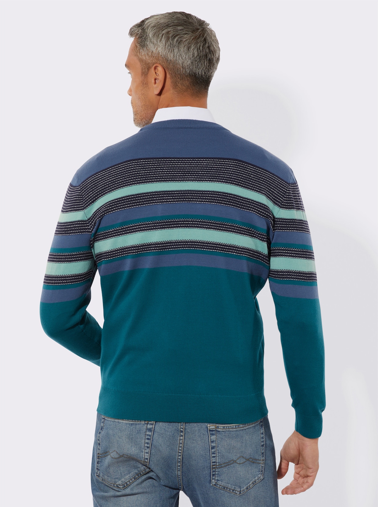 Rundhalspullover - jeansblau-petrol-geringelt