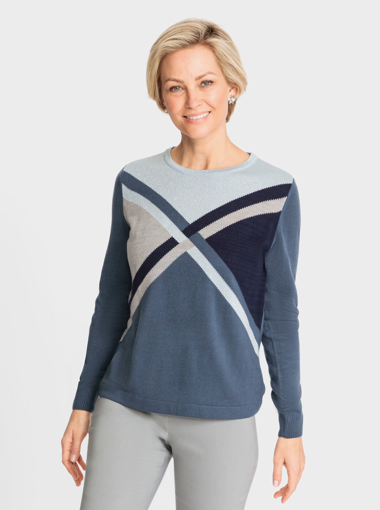 Pullover met ronde hals - rookblauw/lichtblauw gedessineerd