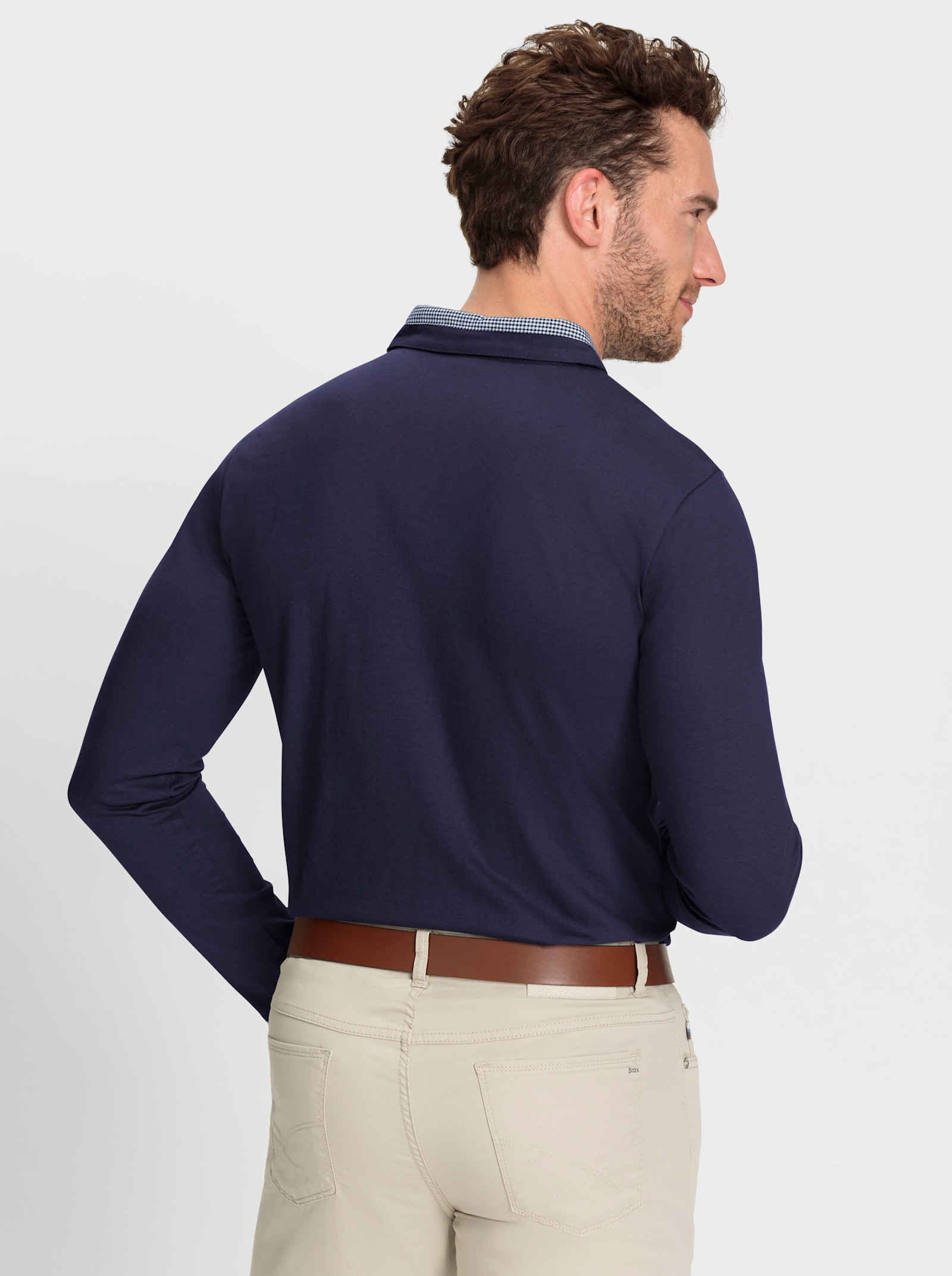 Marco Donati Langarmshirt mit Karo-Webbesatz - marine