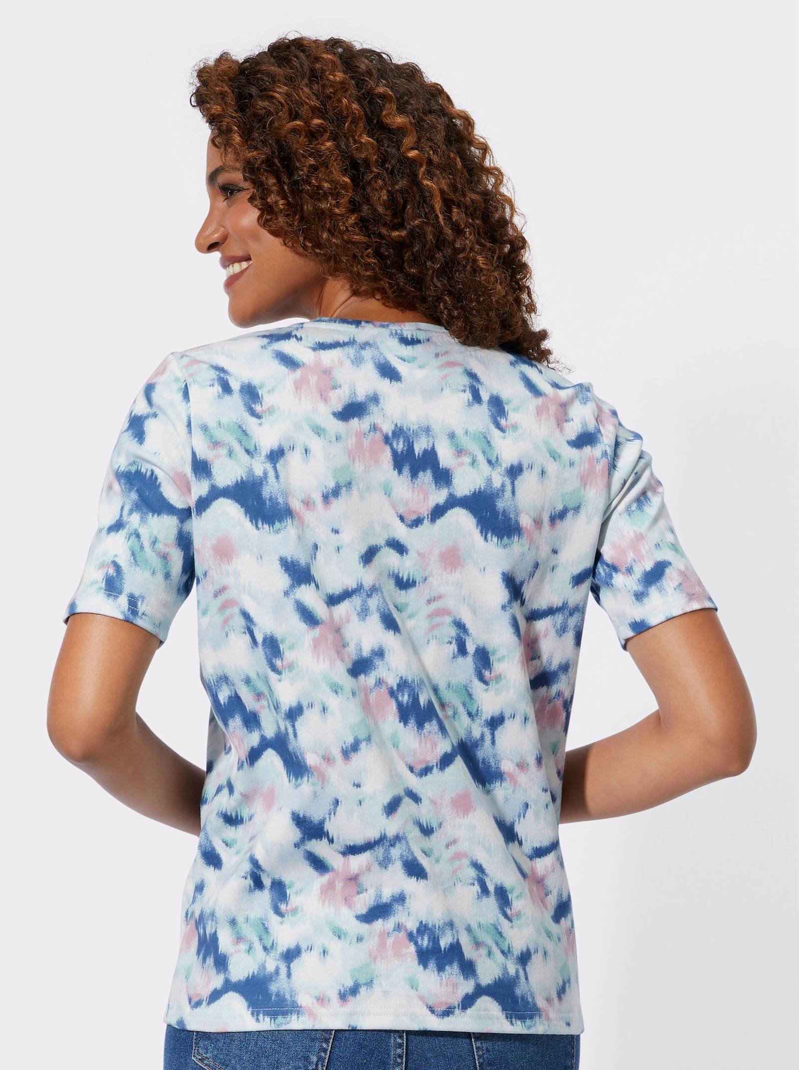 Shirt met korte mouwen en rimpeling op de zoom - ecru/jeansblauw bedrukt