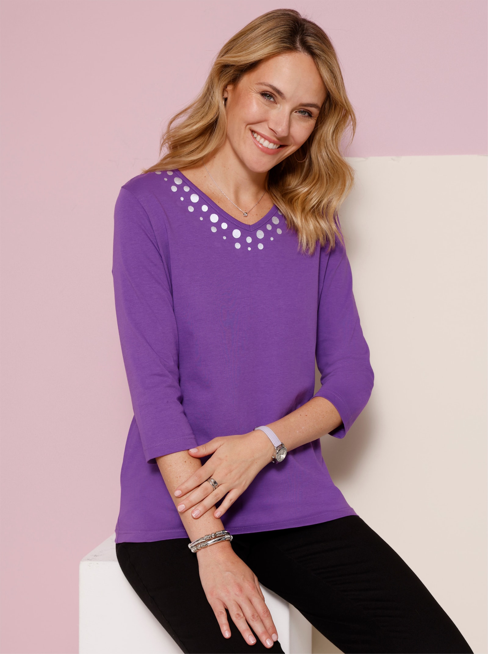 3/4-Arm-Shirt mit silberfarbenem Folien-Print - lila