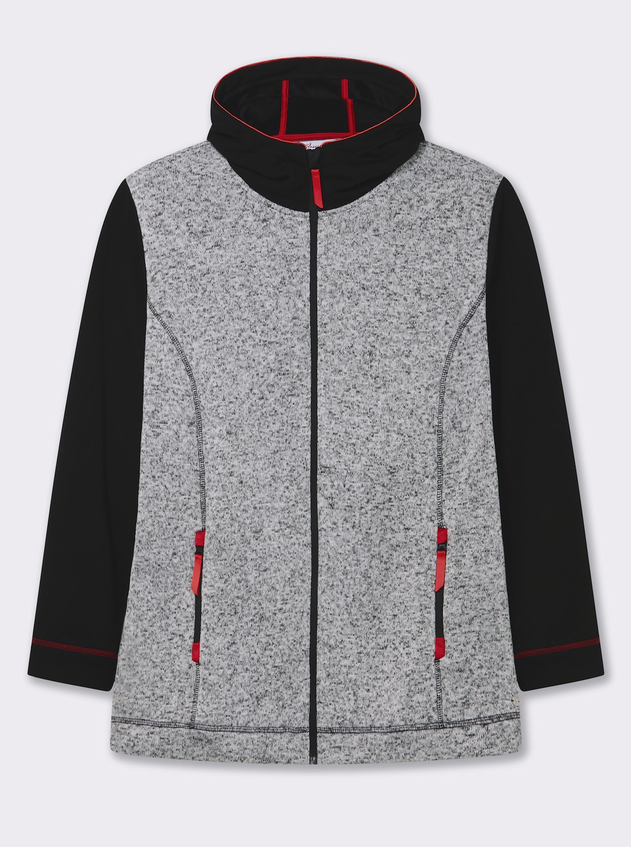 sheego Kapuzenfleecejacke - schwarz-ecru-meliert