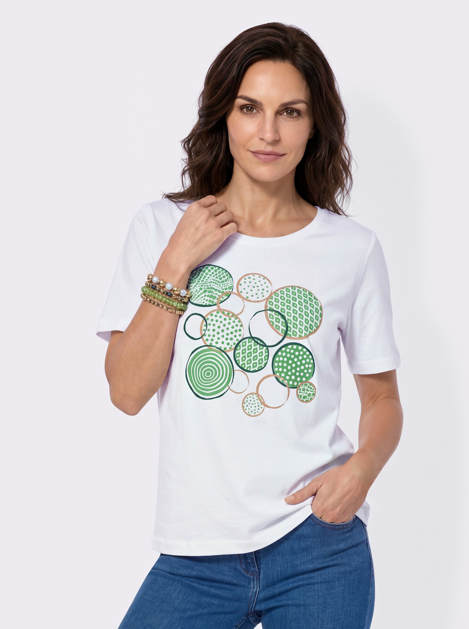 Kurzarmshirt mit platziertem Front-Druck - weiß-apfel-bedruckt