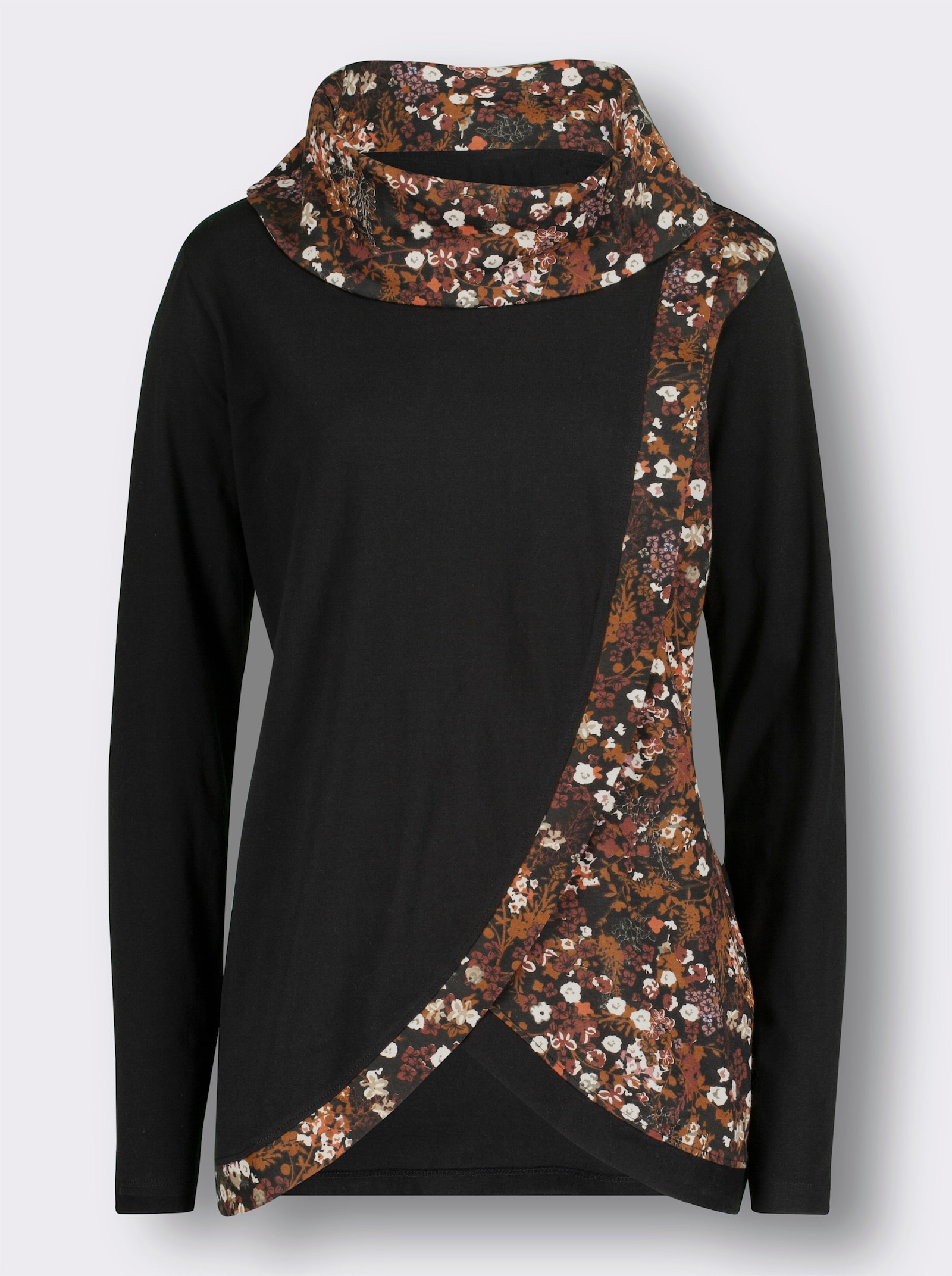 Longshirt in überlappender Optik - schwarz-bedruckt