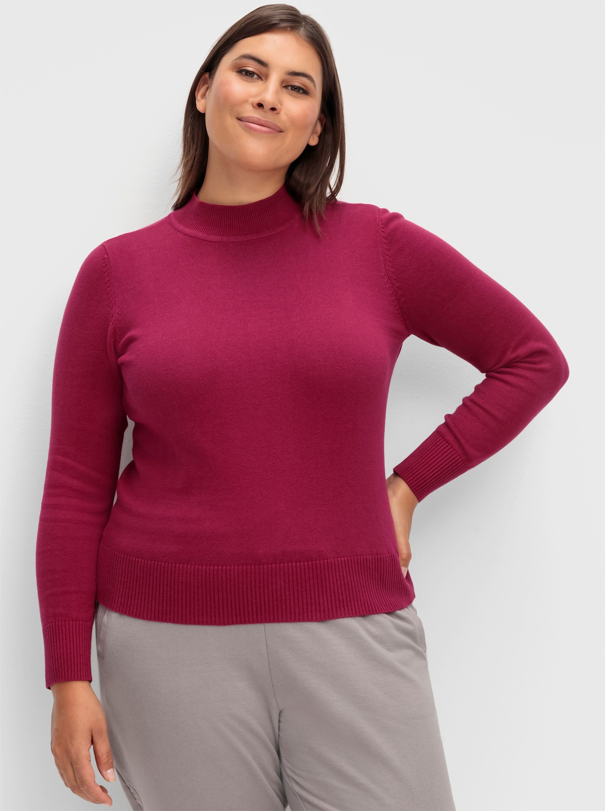 Strickpullover mit geripptem Stehkragen - weinrot