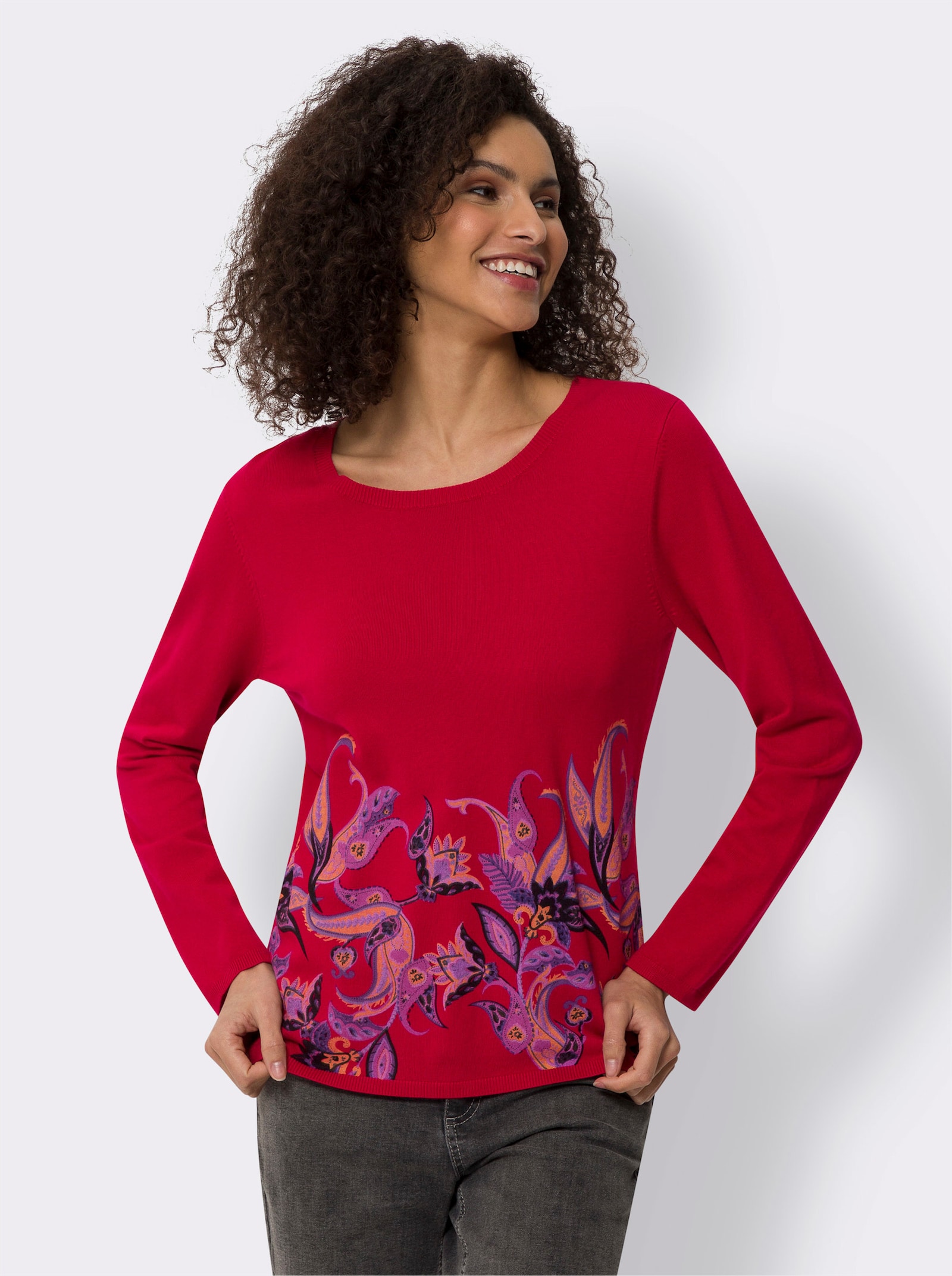 heine Feinstrickpullover mit Paisley-Dessin - rot-schwarz-bedruckt