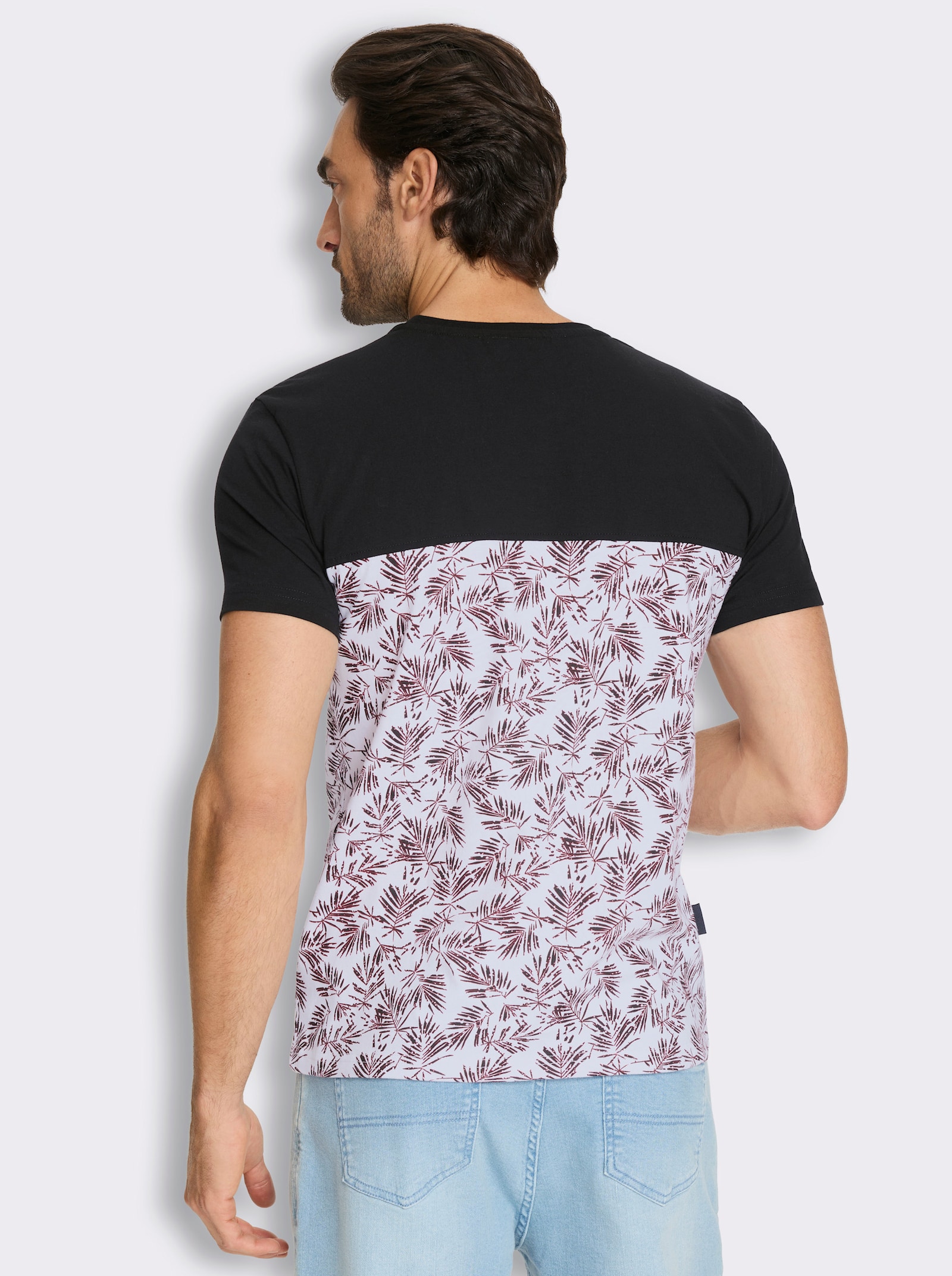Marco Donati Kurzarmshirt im Mix aus Uni und Blumen-Print - schwarz-weiß-gemustert