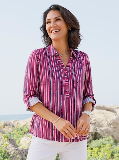 Gestreifte Bluse mit Krempelärmeln - fuchsia-ecru-gestreift