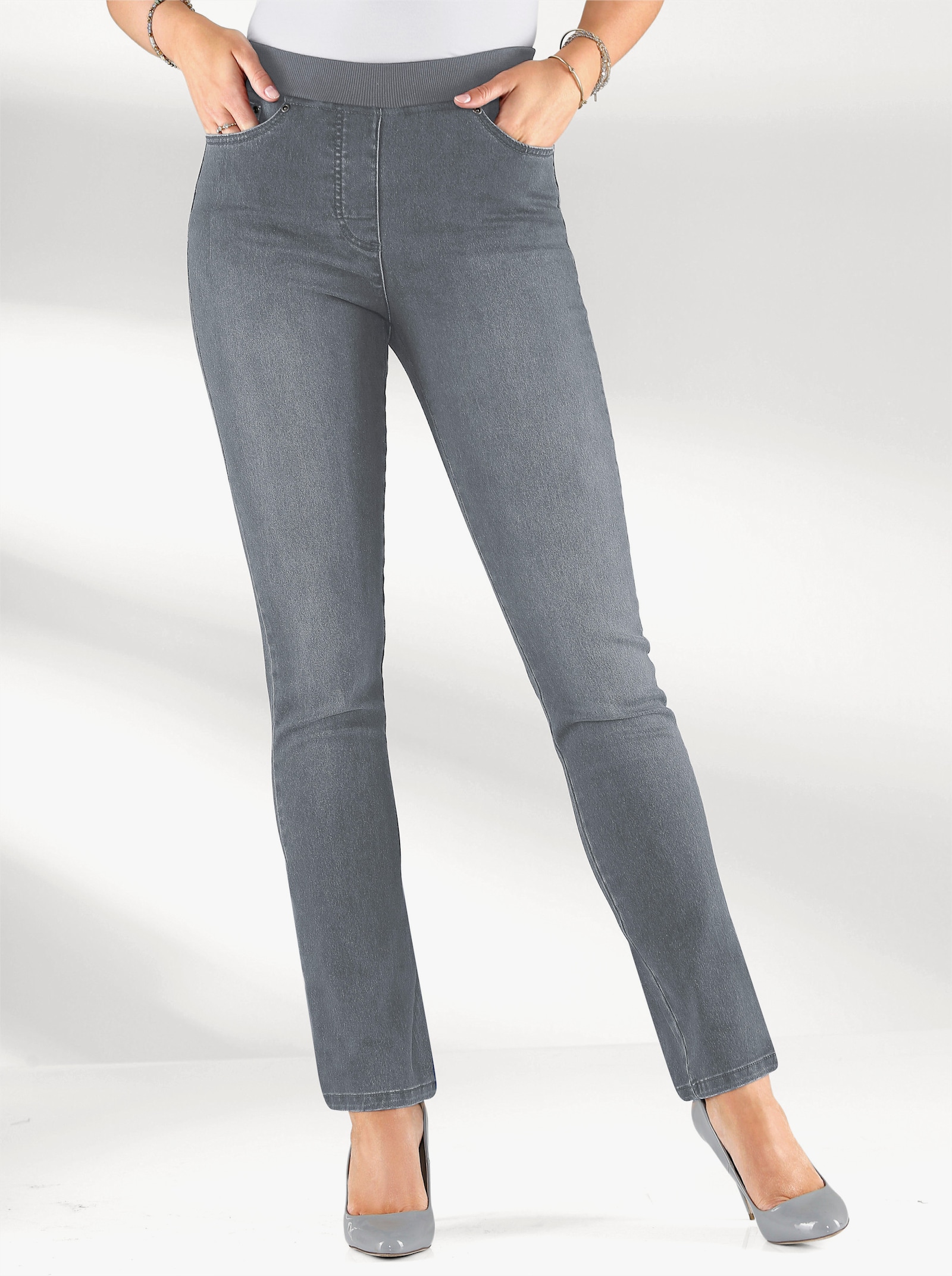 Schlupfjeans mit geripptem Strick-Dehnbund - grey-denim
