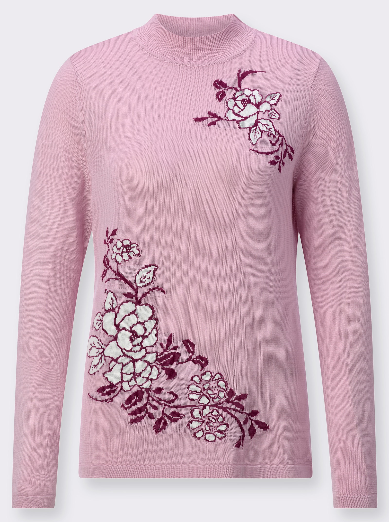 Stehkragenpullover mit floralem Intarsienmuster - rosé