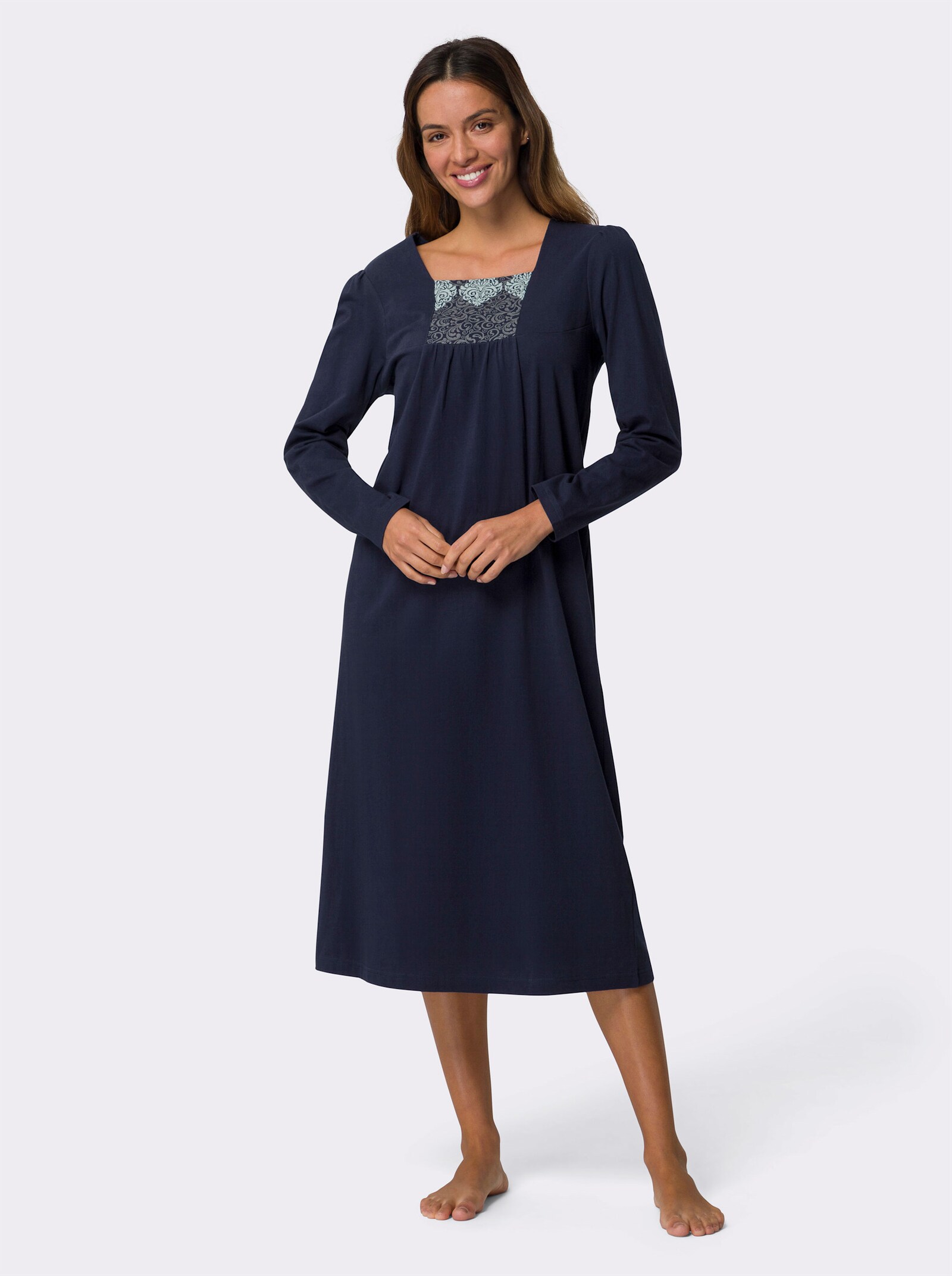 Nachthemd met vierkante hals, gerimpeld - marine