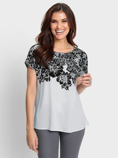 Schlupfbluse mit Blüten-Druck - weiß-schwarz-bedruckt