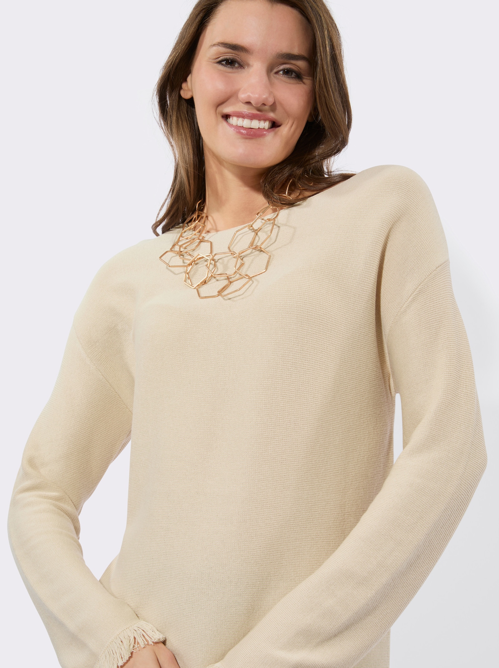 Langarm-Pullover mit Fransen-Abschlüssen - elfenbein