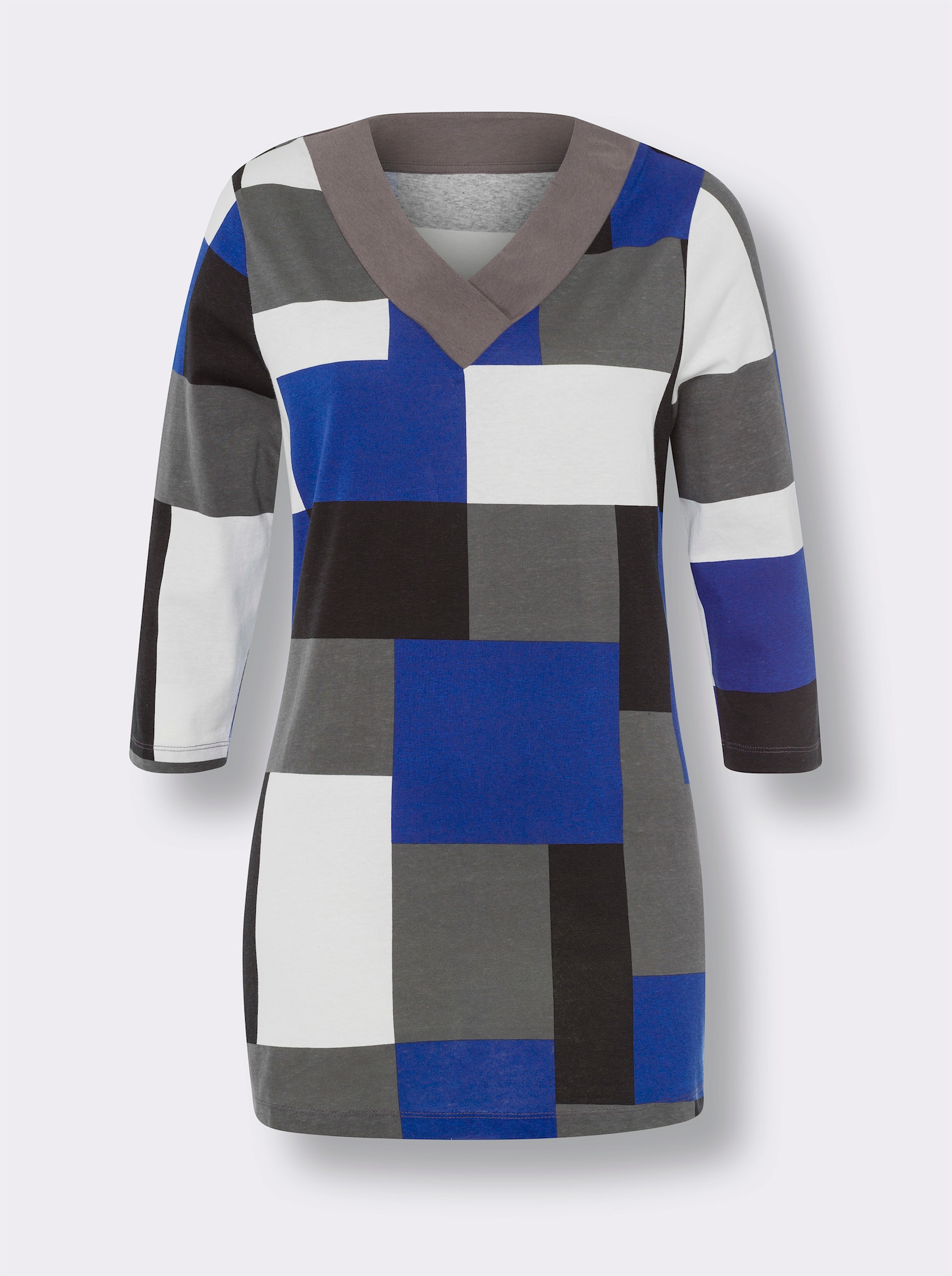 Lang shirt in A-lijn - zwart/koningsblauw bedrukt