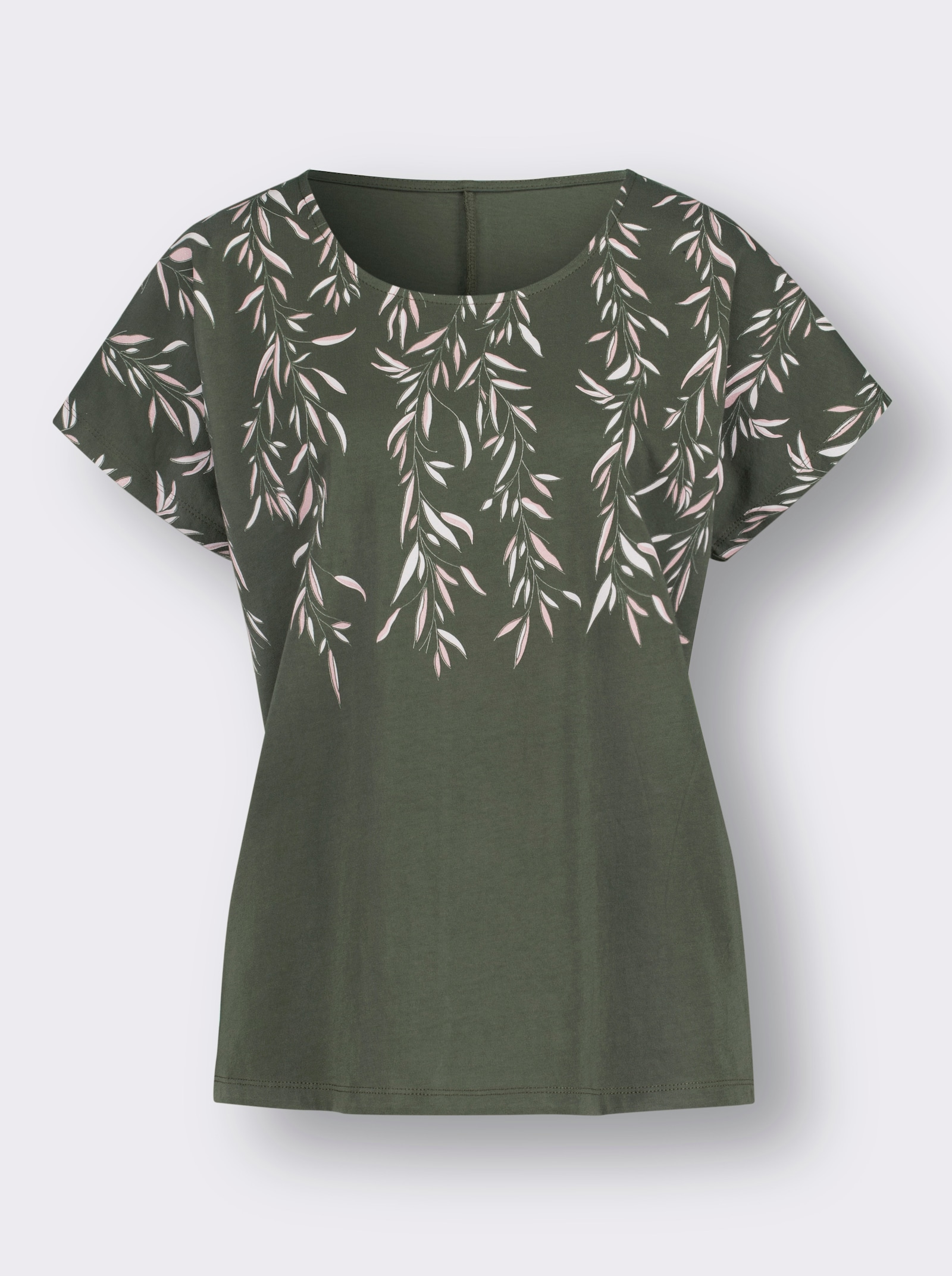  Rundhalsshirt mit Blätter-Druck - khaki-rosenquarz-bedruckt