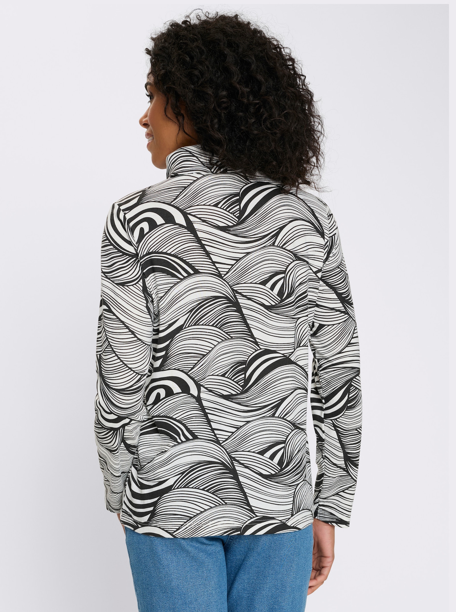 Rollkragenshirt aus reiner Baumwolle - schwarz-ecru-bedruckt