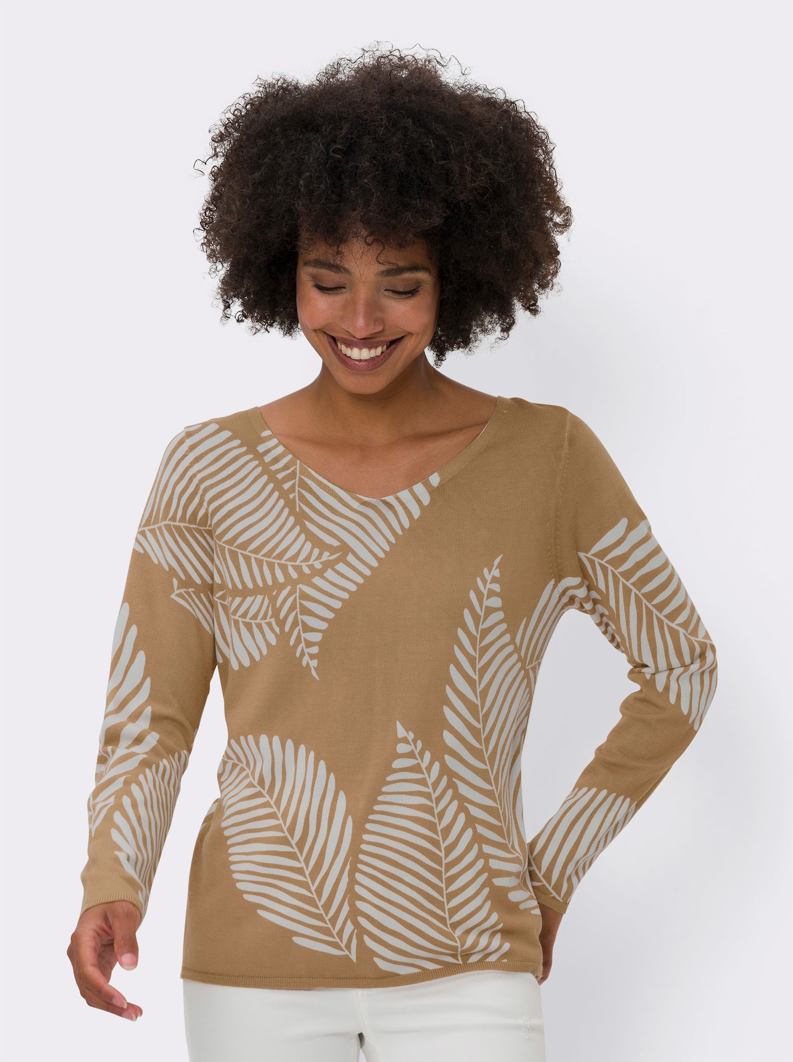 heine Pullover van fijntricot met bladerpatroon - camel/ecru gedessineerd