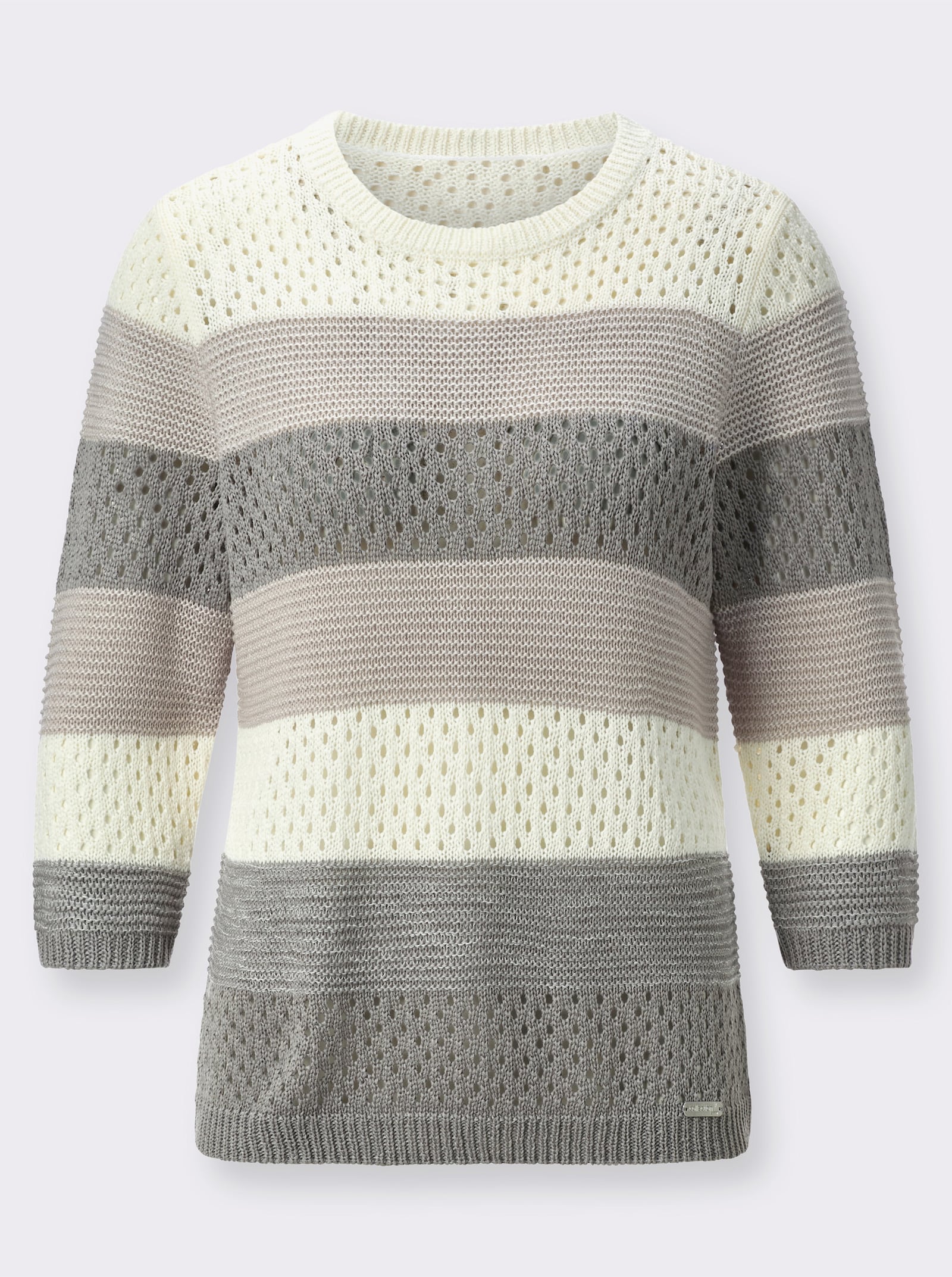 Ajourpullover aus Bändchengarn - steingrau-ecru-geringelt