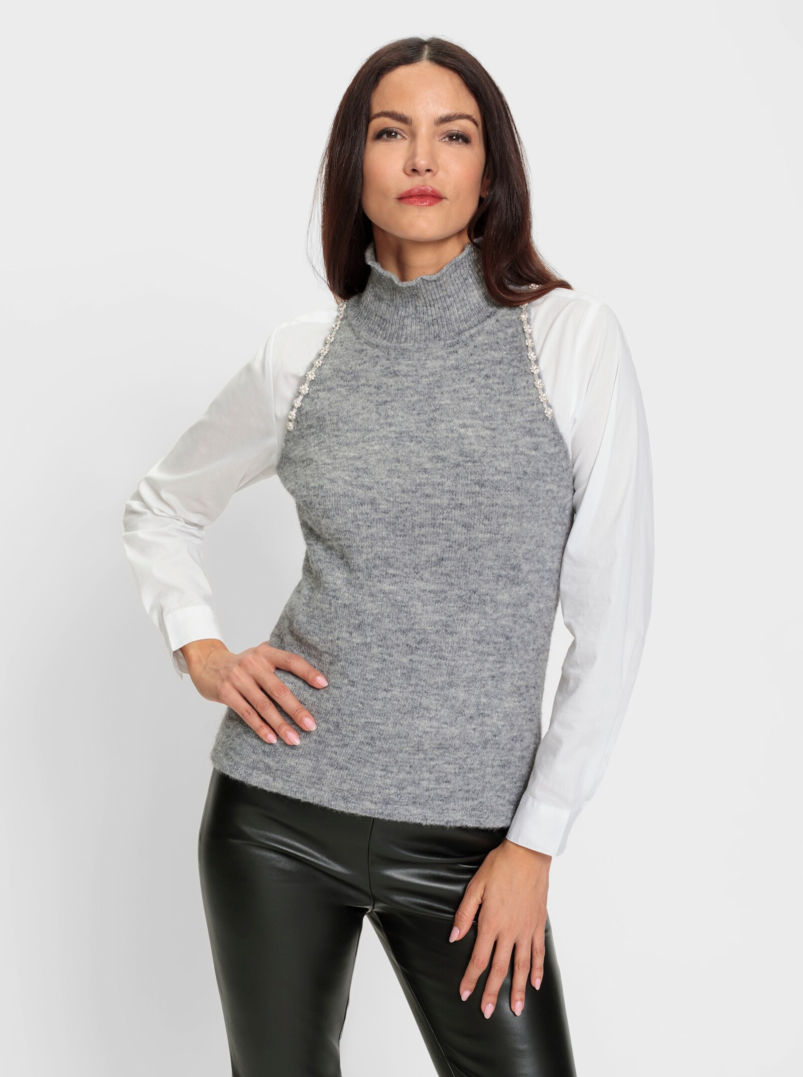 heine Stricktop mit Schmucksteinchen - grau-meliert