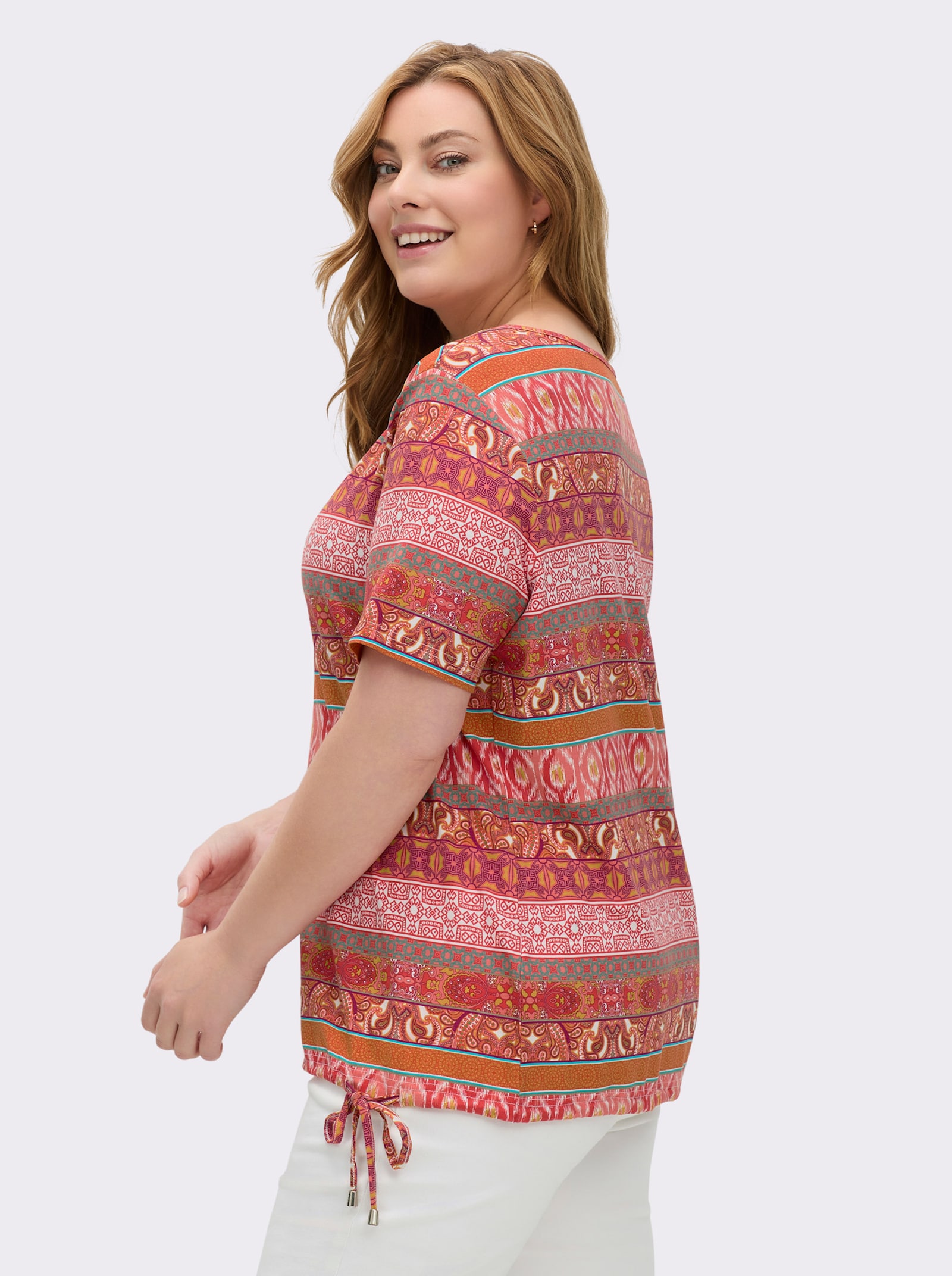 Kurzarmshirt im Ethno-Streifen-Dessin - papaya-terra-bedruckt