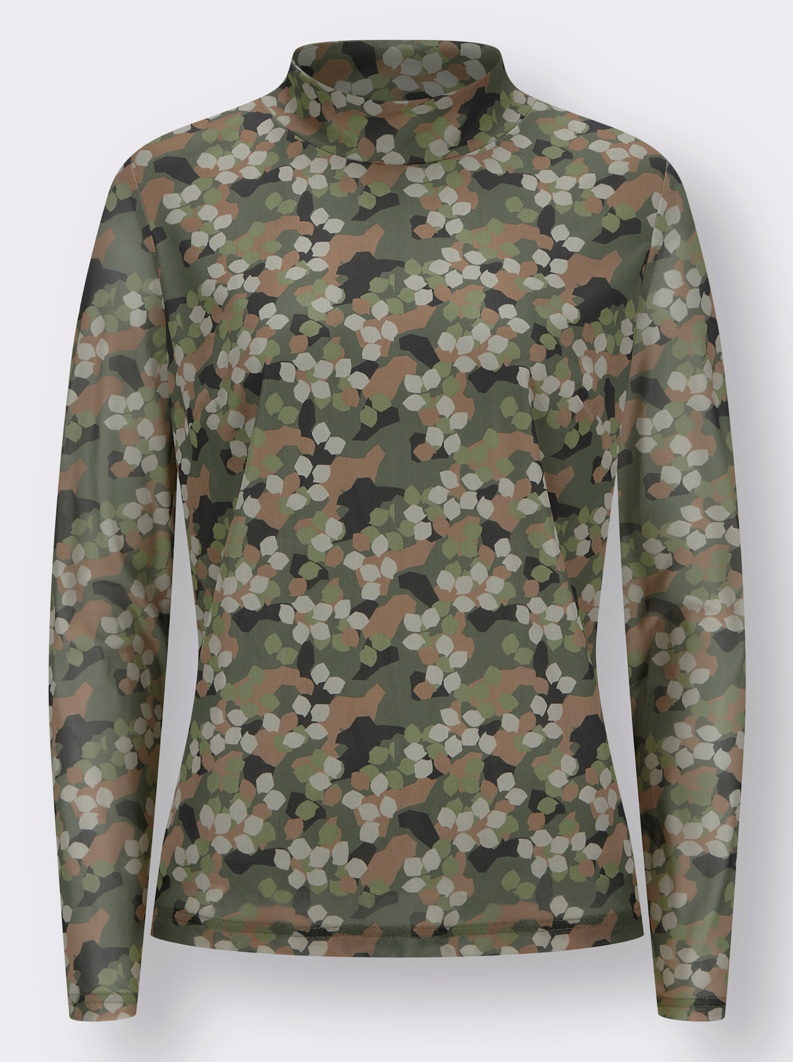 Shirt met opstaande kraag van mesh - kaki/zand/bedrukt