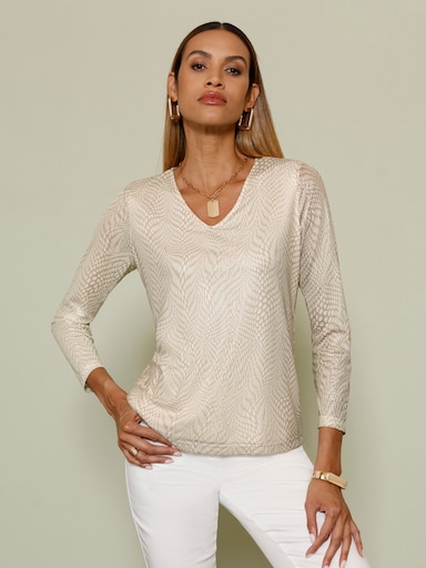 V-Shirt aus Mesh-Qualität - beige-champagner-bedruckt