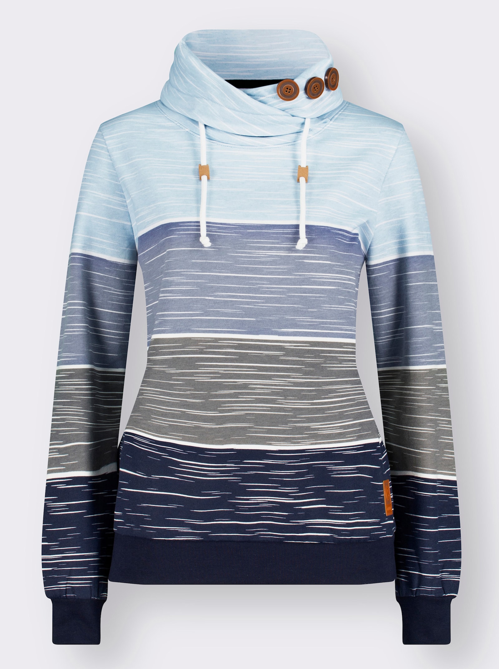 Sweatshirt mit Zierknöpfen am Kragen - marine-hellblau-bedruckt
