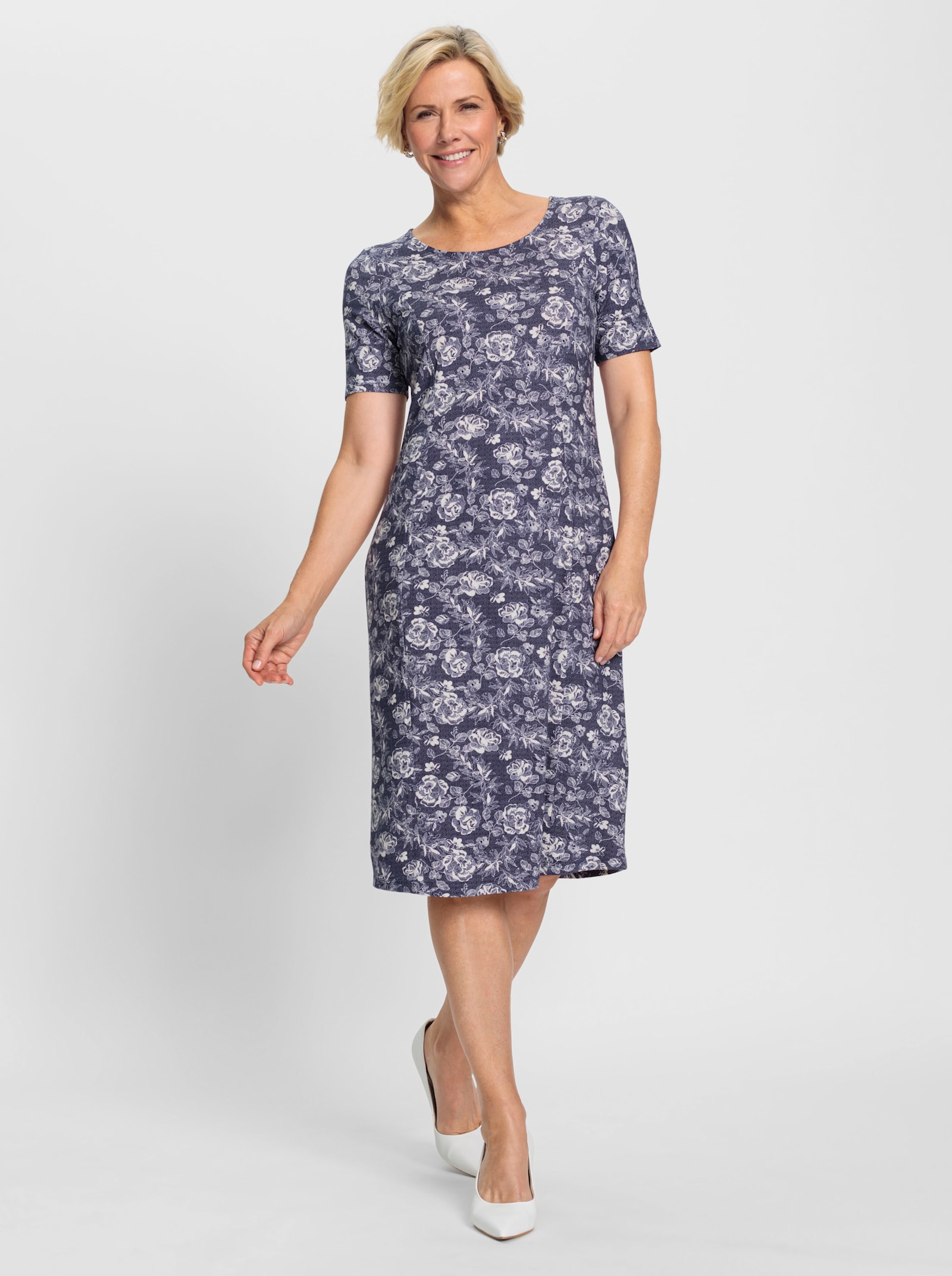 Jerseykleid mit floralem Muster - marine-ecru-bedruckt