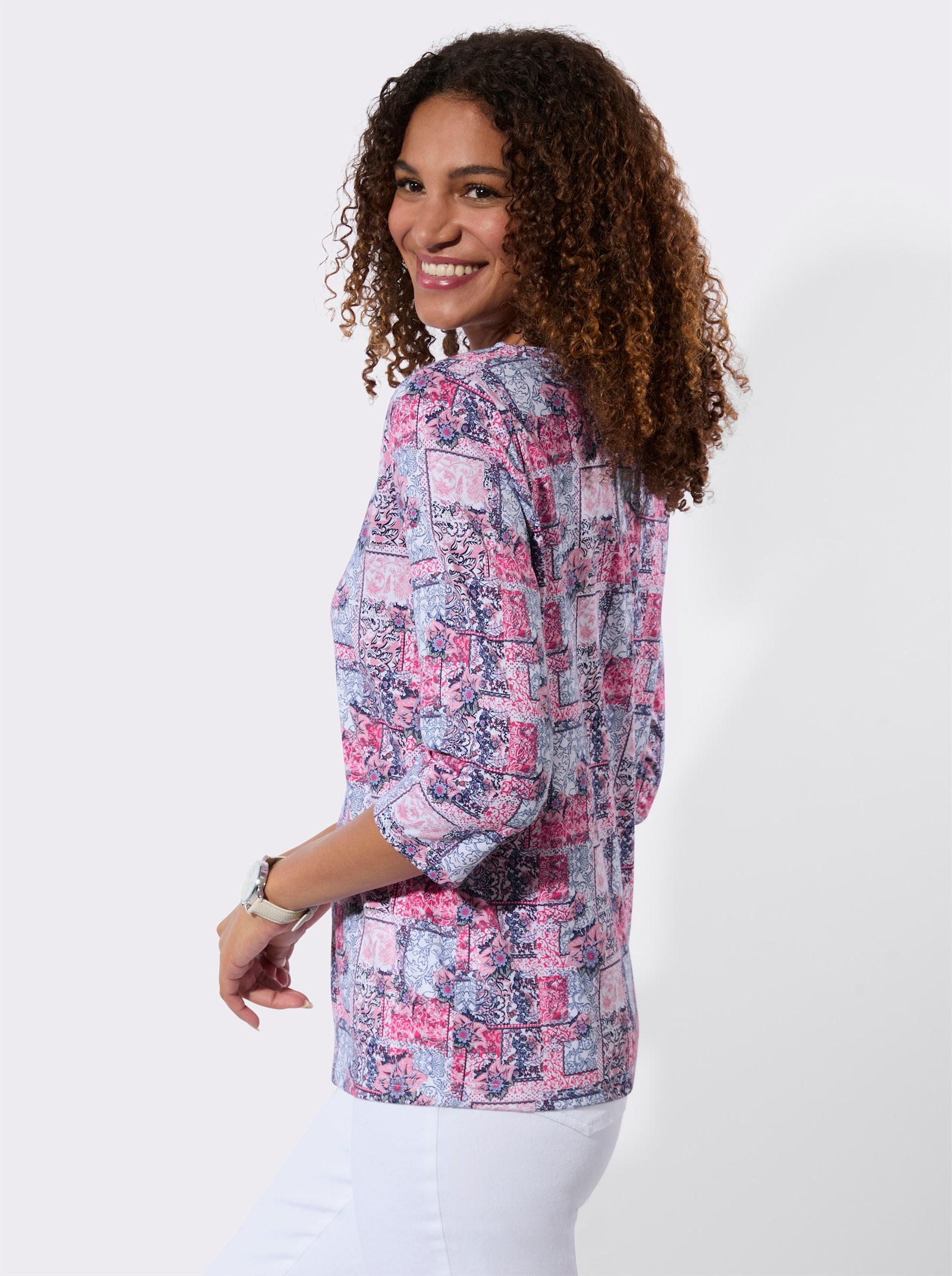 3/4-Arm-Shirt mit Patchwork-Dessin - fuchsia-bedruckt