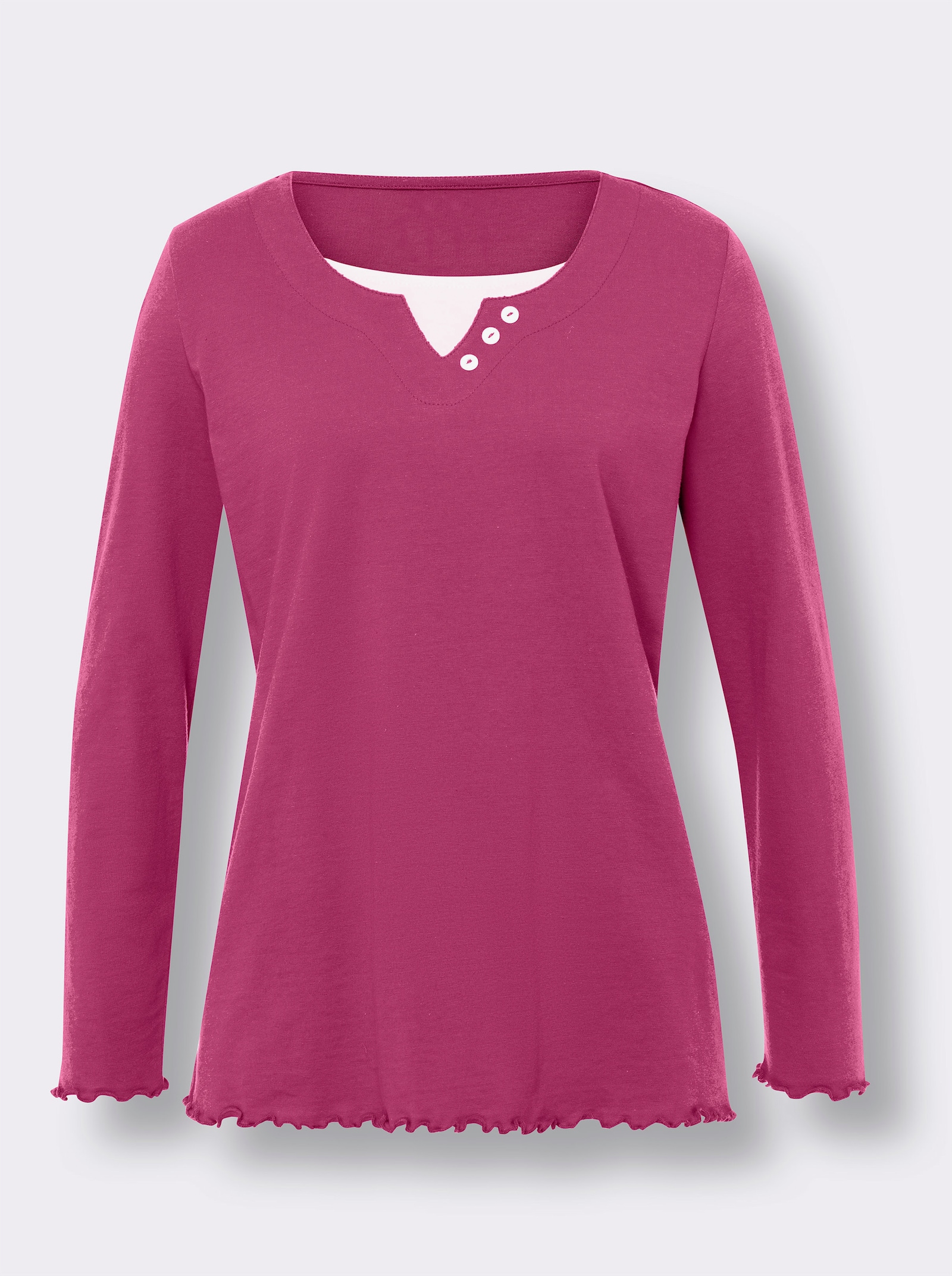 2-in-1-Langarmshirt mit gewellten Abschlüssen - magenta-weiss