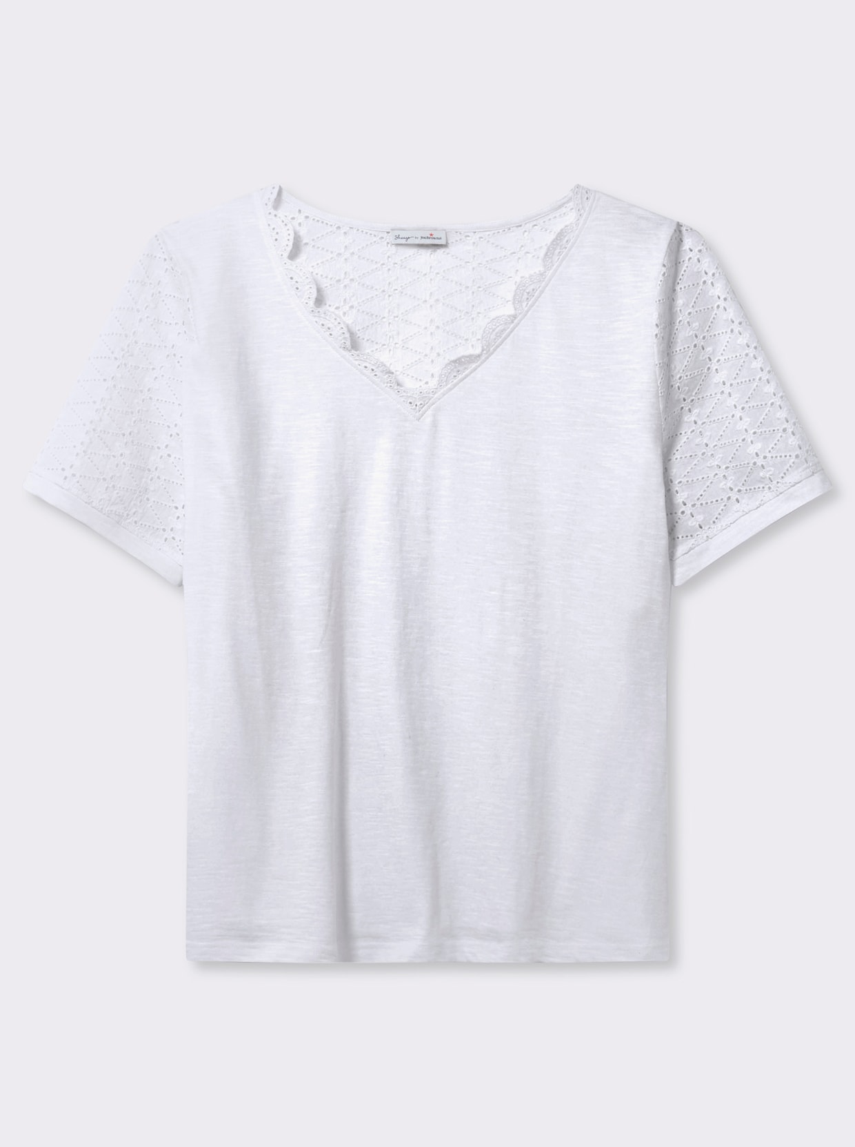 sheego by Joe Browns V-Shirt mit Lochstickereien und Muschelsaumkante - weiß