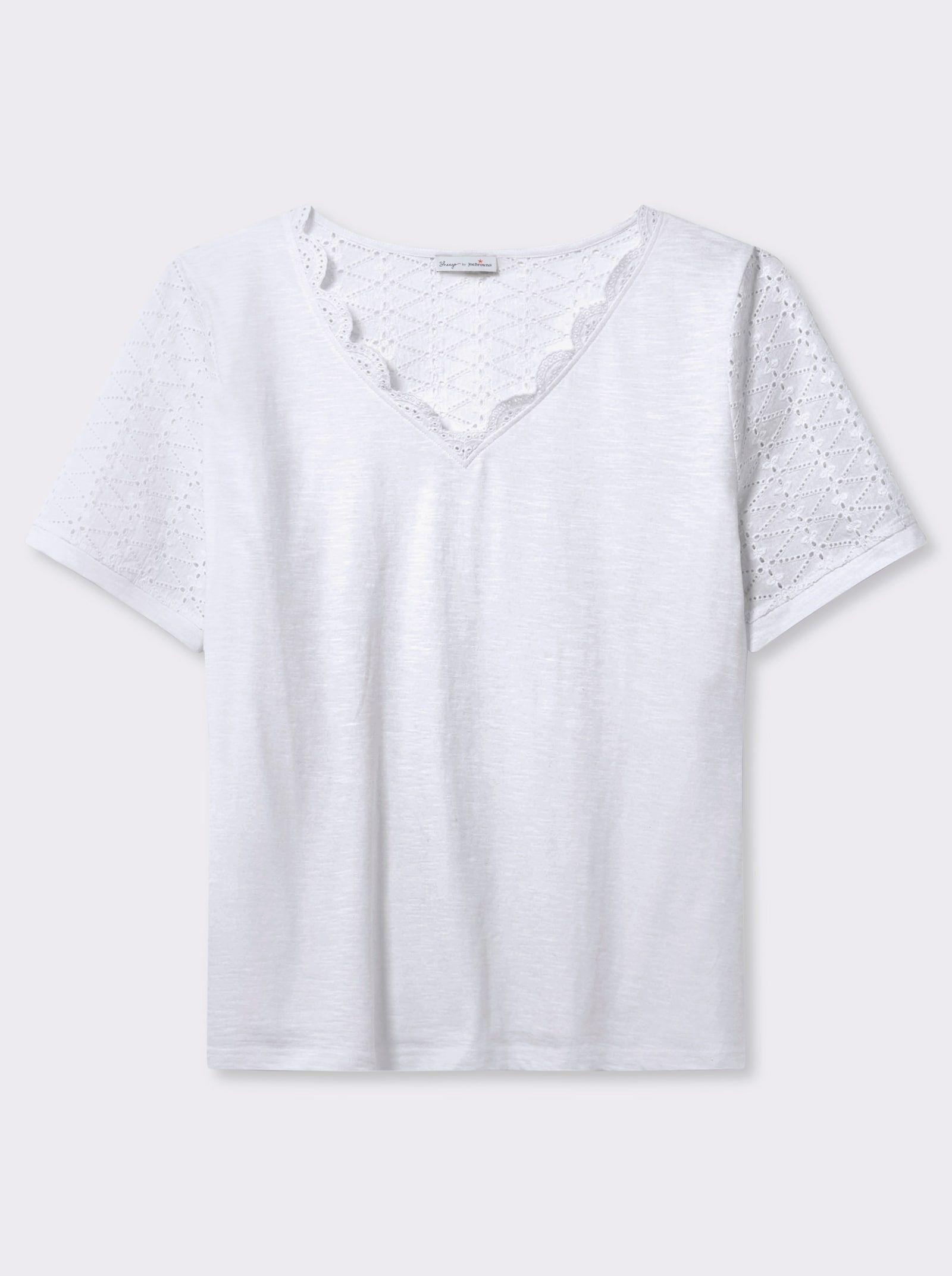 sheego by Joe Browns V-Shirt mit Lochstickereien und Muschelsaumkante - weiß