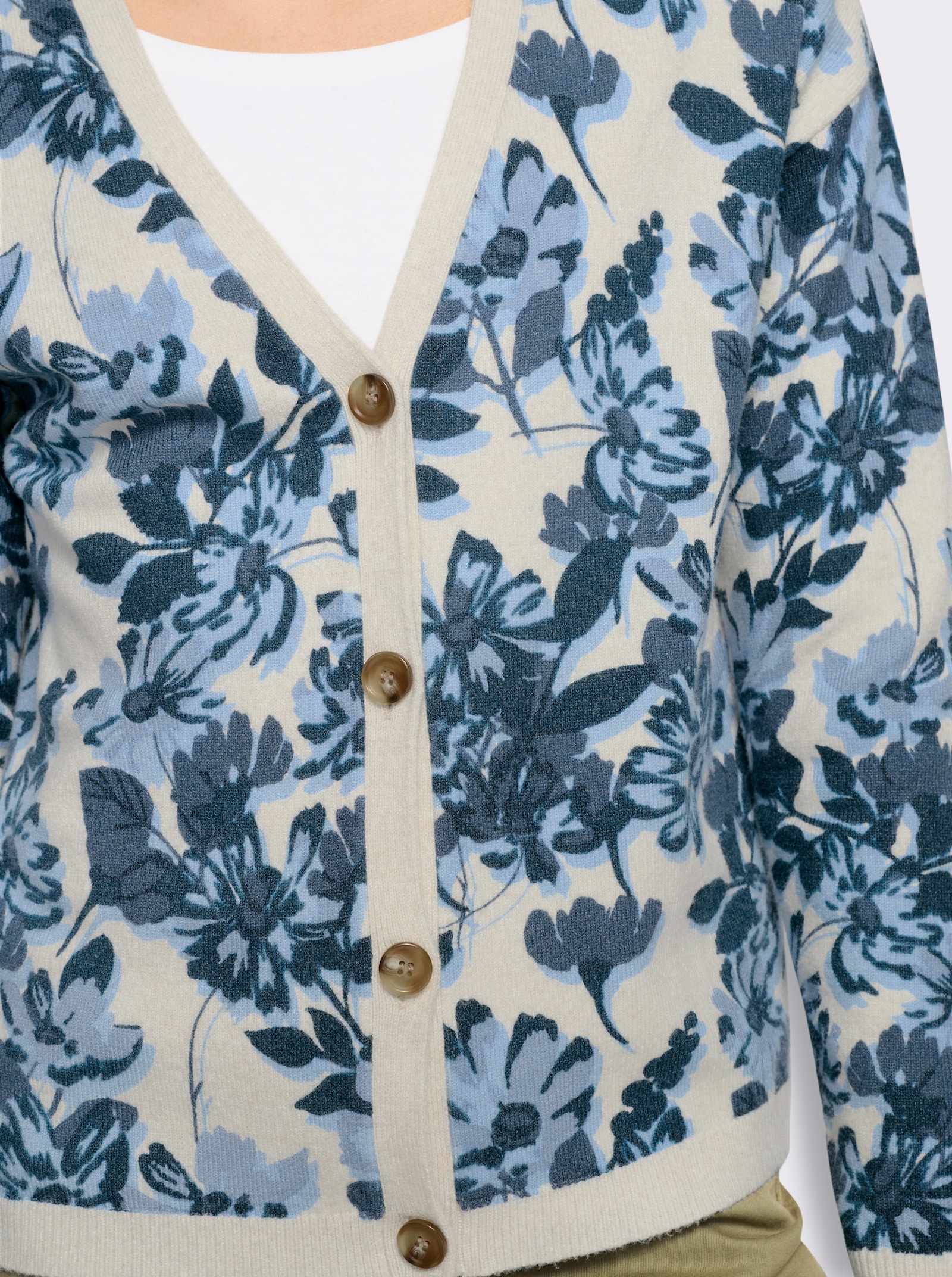 heine Strickjacke mit Floral-Print - sand-rauchblau-bedruckt