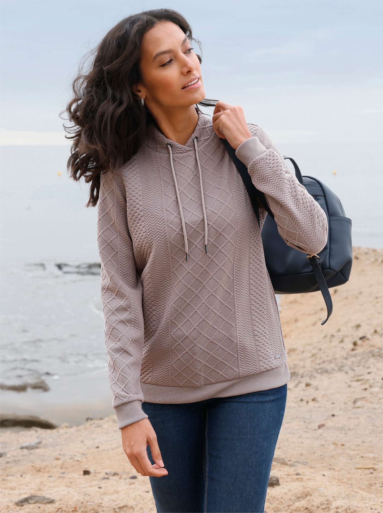 Sweatshirt mit überlappendem Stehkragen - taupe