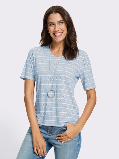 V-Shirt - ecru-hellblau-gemustert