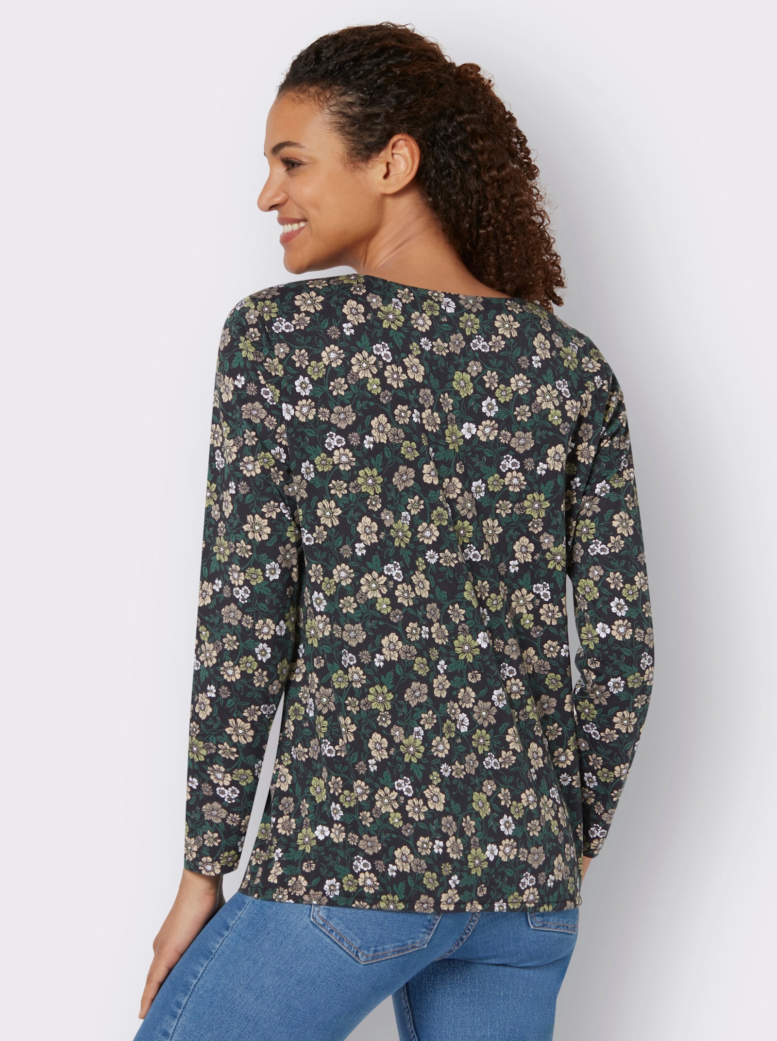 Shirt met lange mouwen in bloemdessin - zwart/rietgroen bedrukt