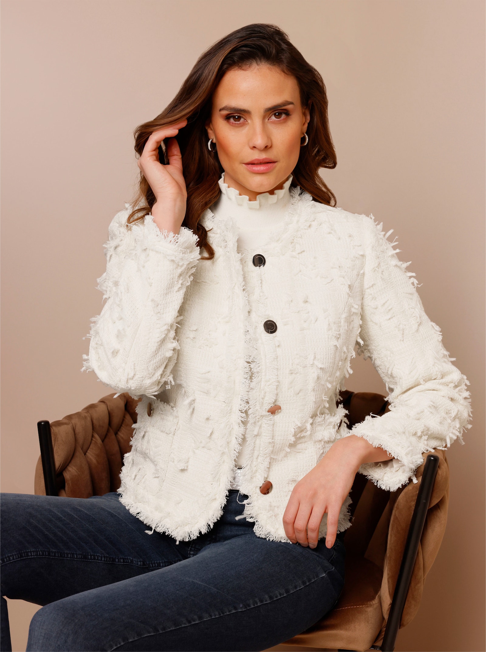 CREATION L PREMIUM Kurzblazer mit Fransenverzierung - champagner