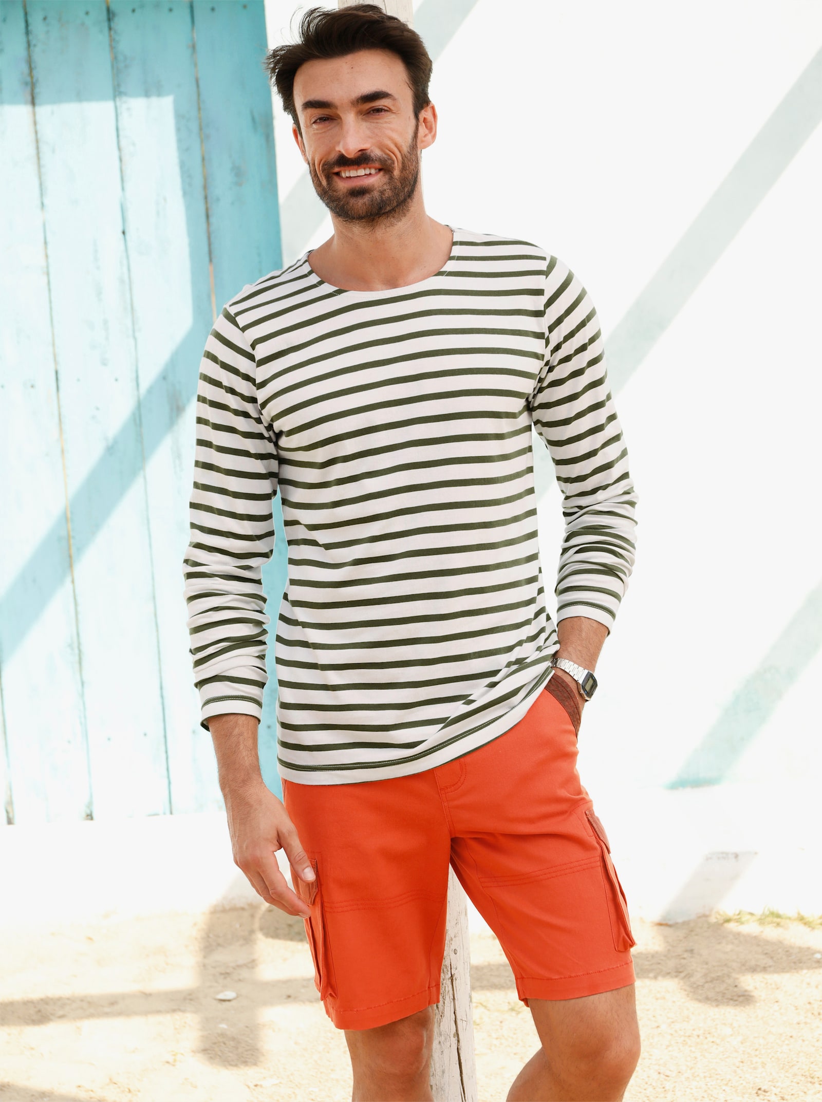 Catamaran Langarmshirt mit garngefärbten Streifen - khaki-ecru-gestreift