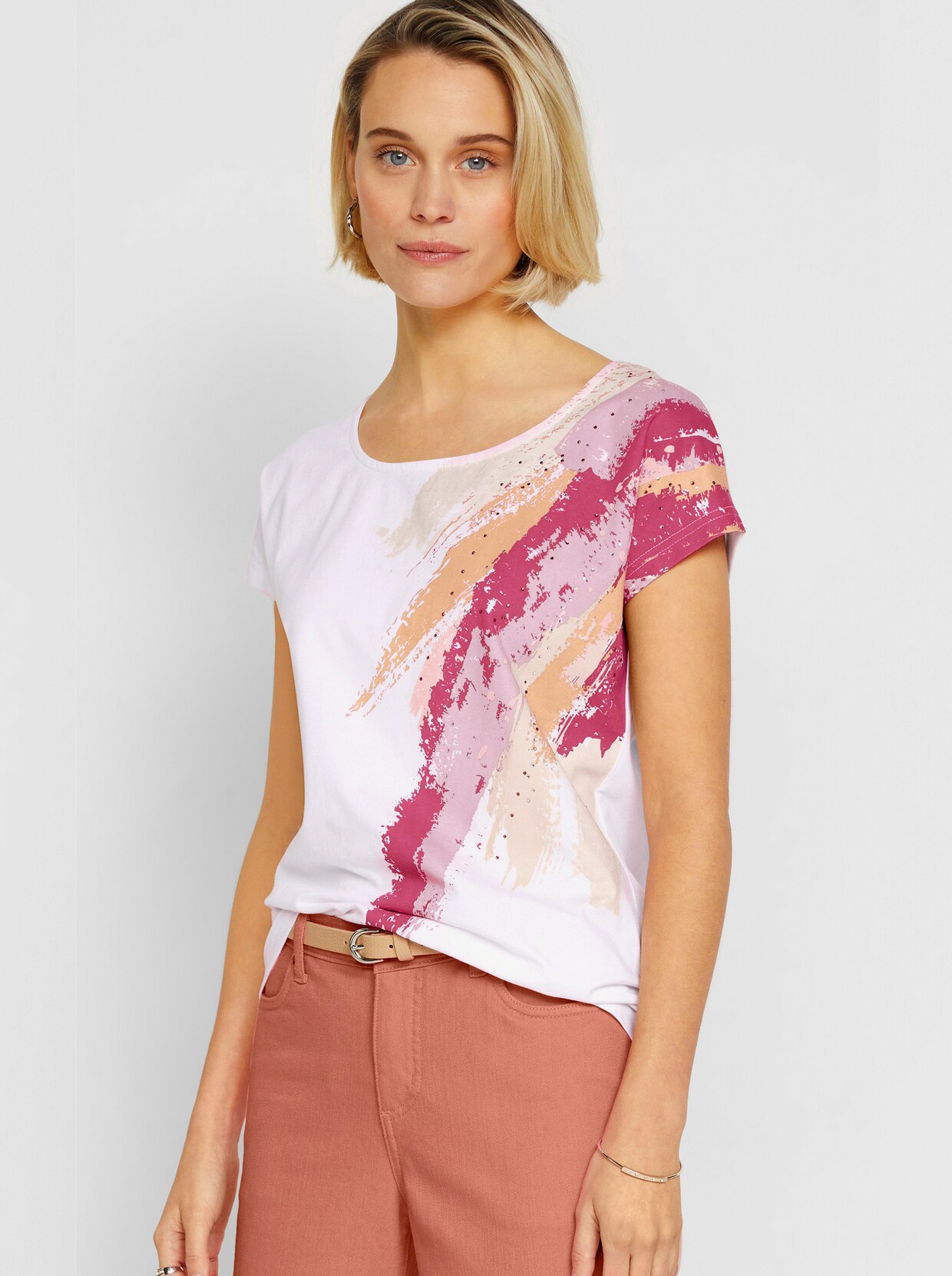 Rundhalsshirt - weiß-hellrosé-bedruckt