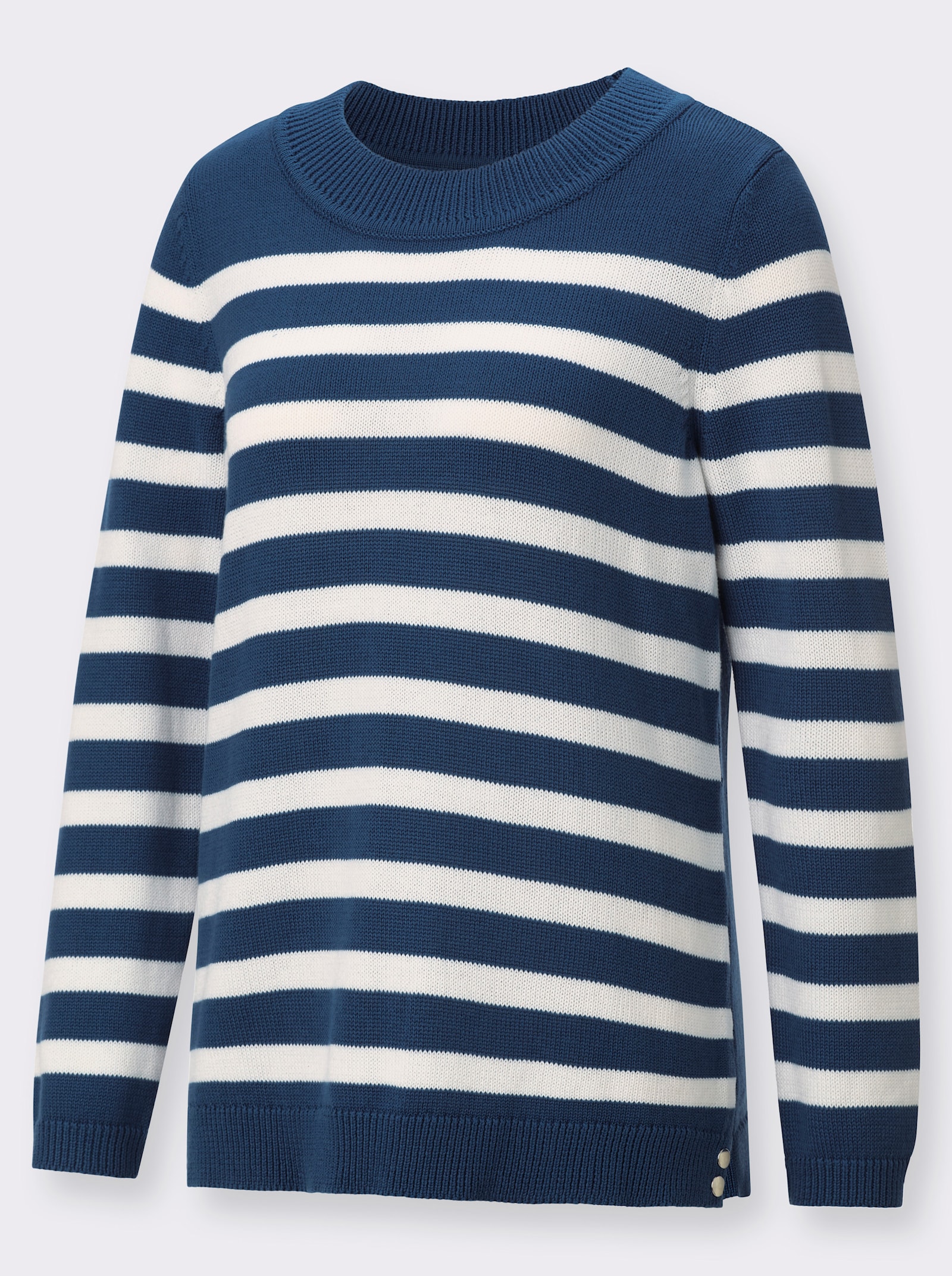 Rundhalspullover mit Zierknöpfen - jeansblau-ecru
