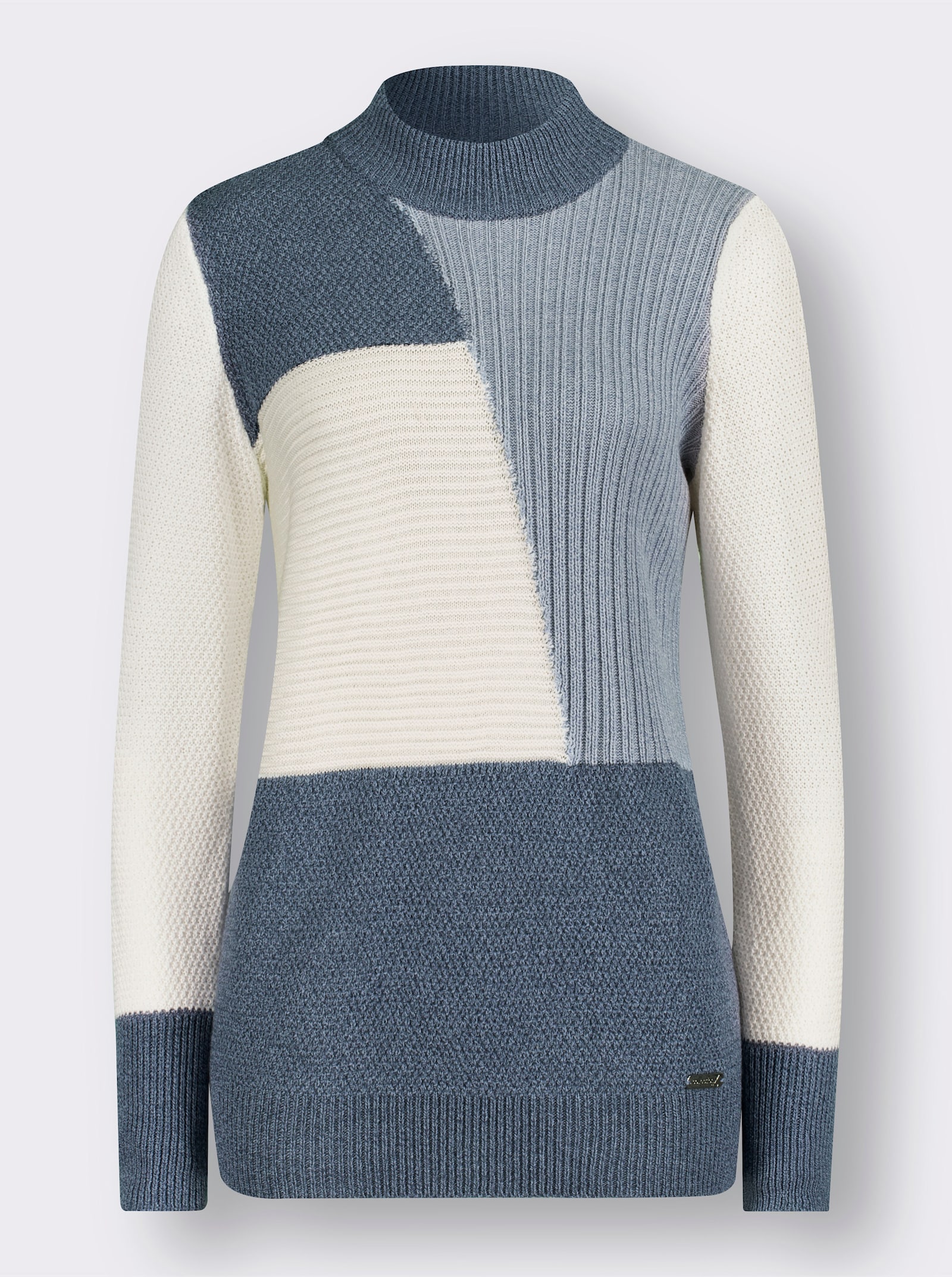 Langarm-Pullover mit Color-Blocking-Muster - rauchblau-ecru-meliert