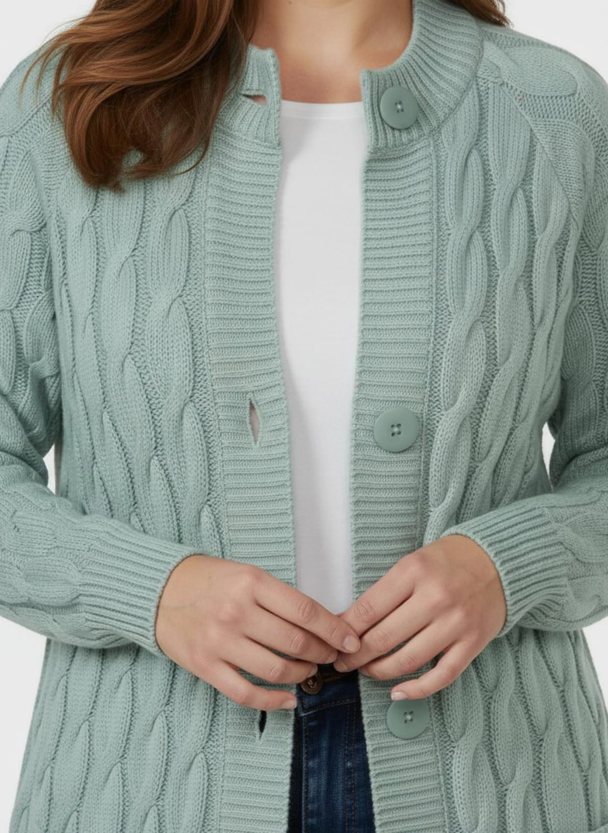 Longstrickjacke mit Zopf-Strickmuster - kalkmint